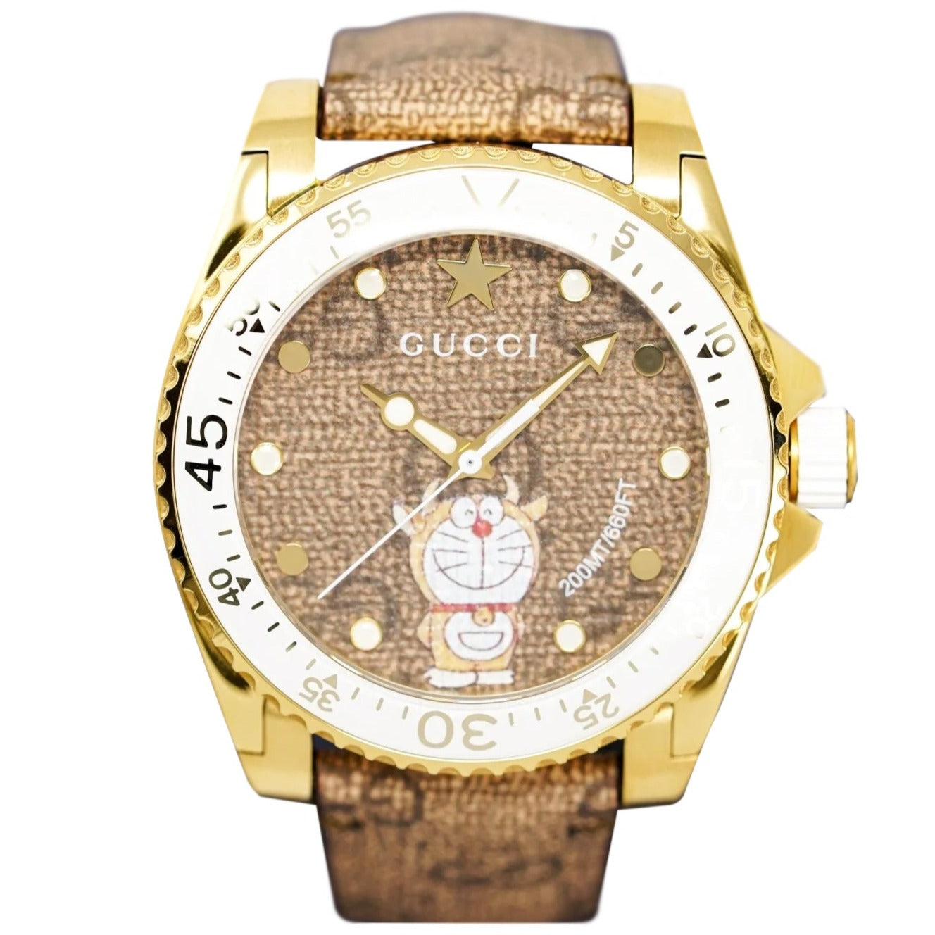 Gucci Dive Doraemon Brown Dial Brown Leather Strap Watch For Men - YA136334