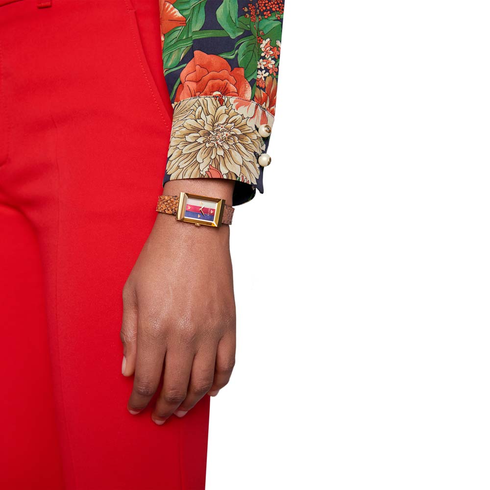 Gucci G-Frame Mother of Pearl Dial Brown Leather Snakeskin Strap Watch For Women - YA147402