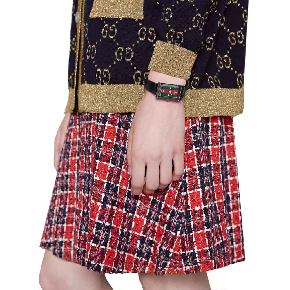 Gucci G-Frame Mother of Pearl Green & Red Dial Black Leather Strap Watch For Women - YA147403