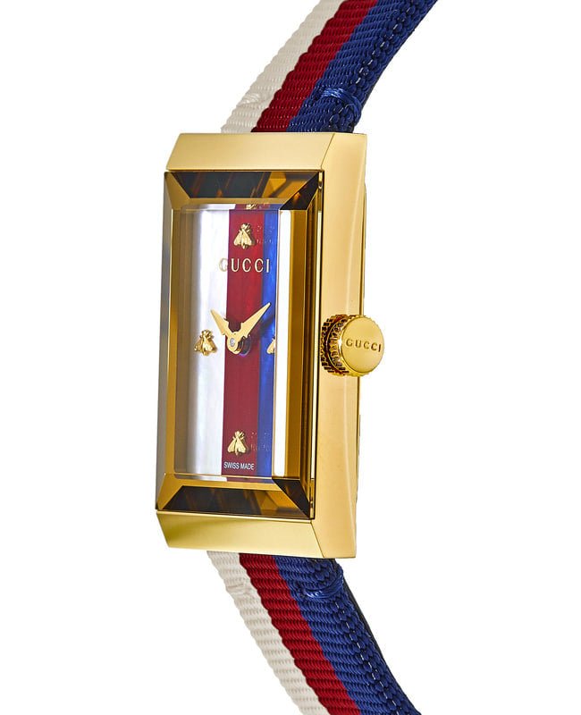 Gucci G-Frame Mother of Pearl Dial White Blue Red Nylon Strap Watch For Women - YA147405