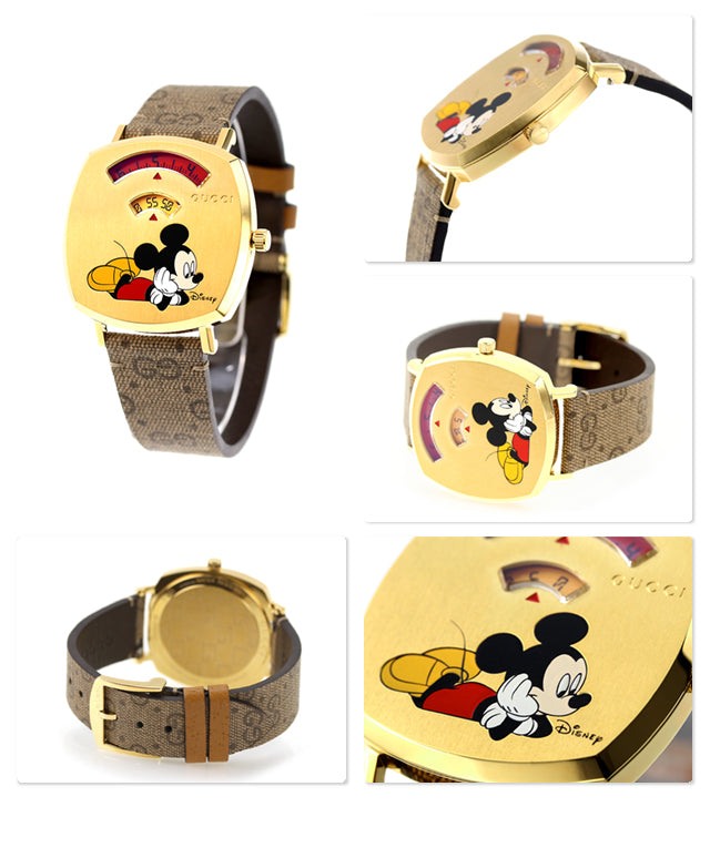 Gucci Grip Disney Mickey Mouse Gold Dial Brown Leather Strap Watch For Women - YA157420