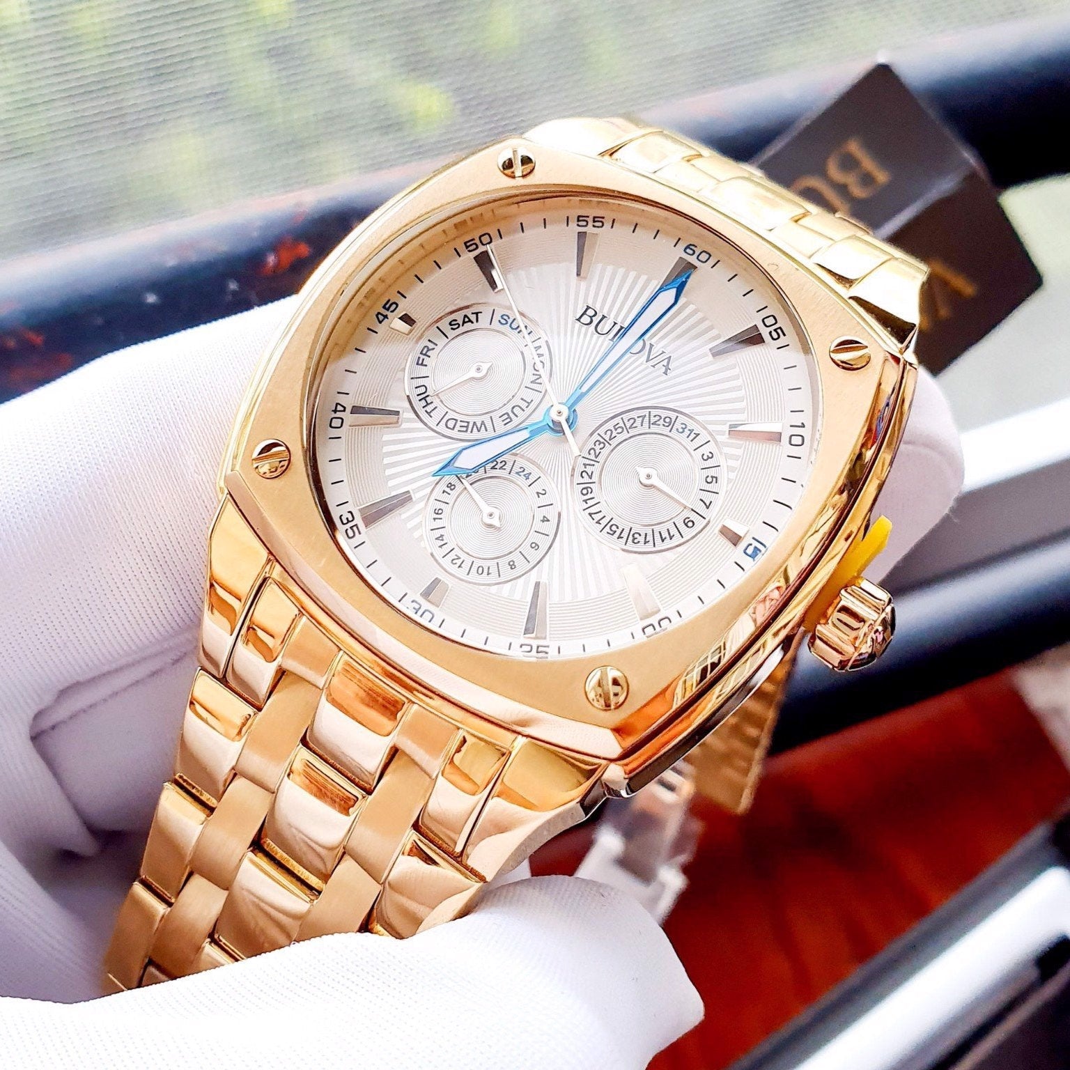 Bulova Multifunction White Dial Gold Steel Strap Watch for Men - 97C105