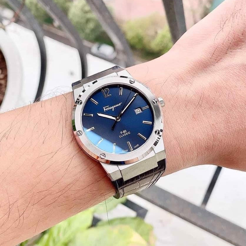 Salvatore Ferragamo F-80 Classic Blue Dial Blue Leather Strap Watch for Men - SFDT00319