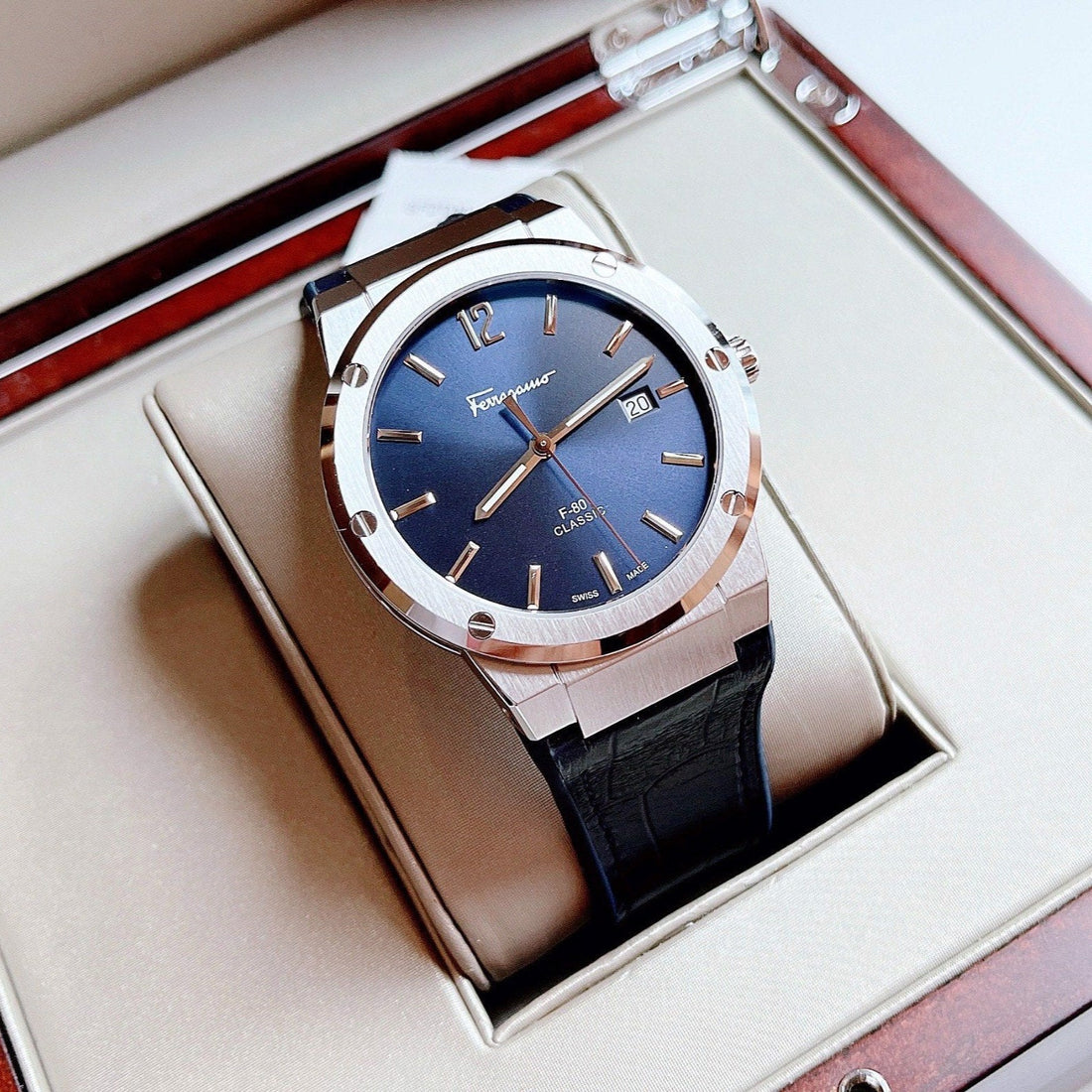 Salvatore Ferragamo F-80 Classic Blue Dial Blue Leather Strap Watch for Men - SFDT00319