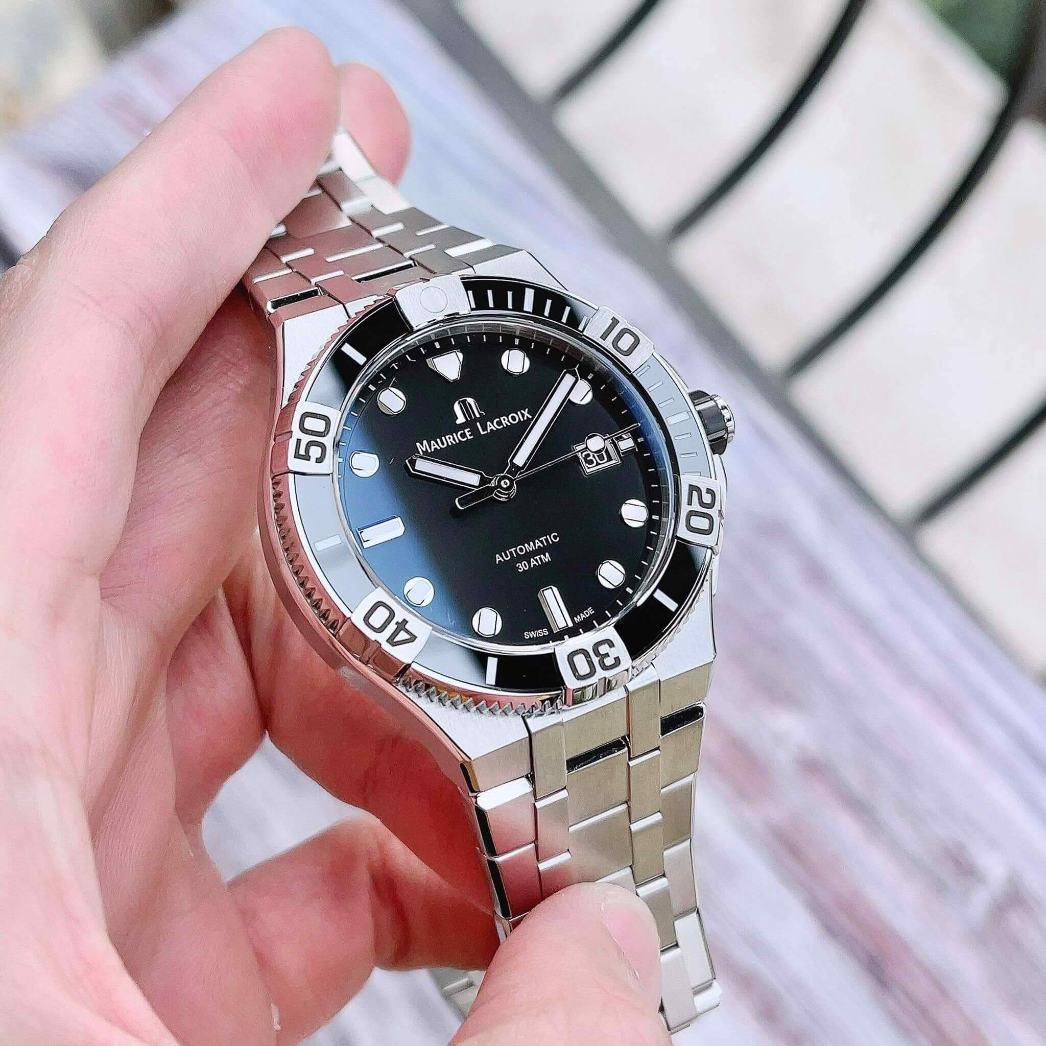 Maurice Lacroix Aikon Venturer Black Dial Silver Steel Strap Watch for Men - AI6058-SS002-330-1