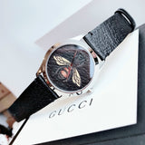 Gucci G Timeless Bee Black Dial Black Leather Strap Watch For Women - YA1264067