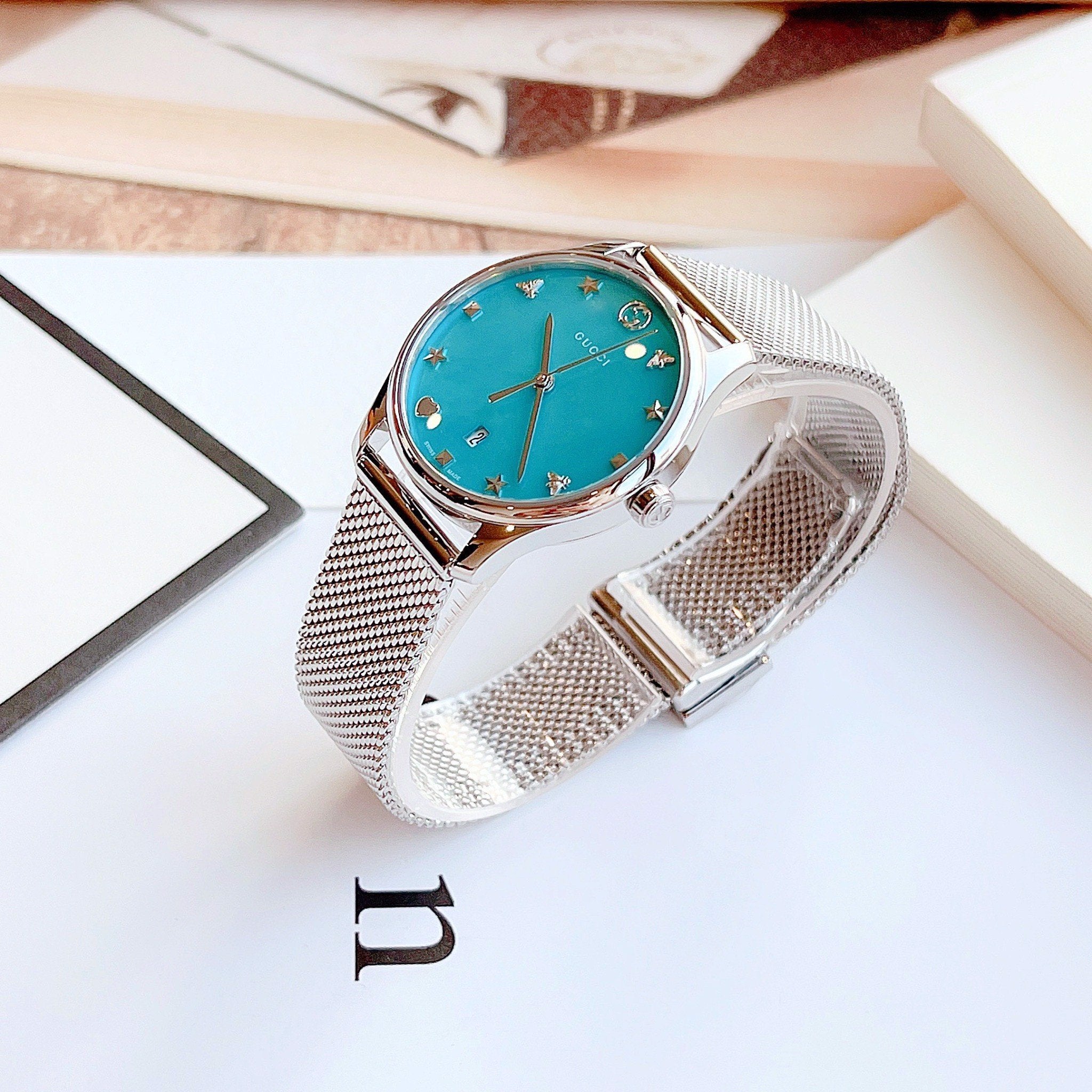 Gucci G-Timeless Turquoise Mother of Pearl Dial Silver Mesh Bracelet Watch For Women - YA126582