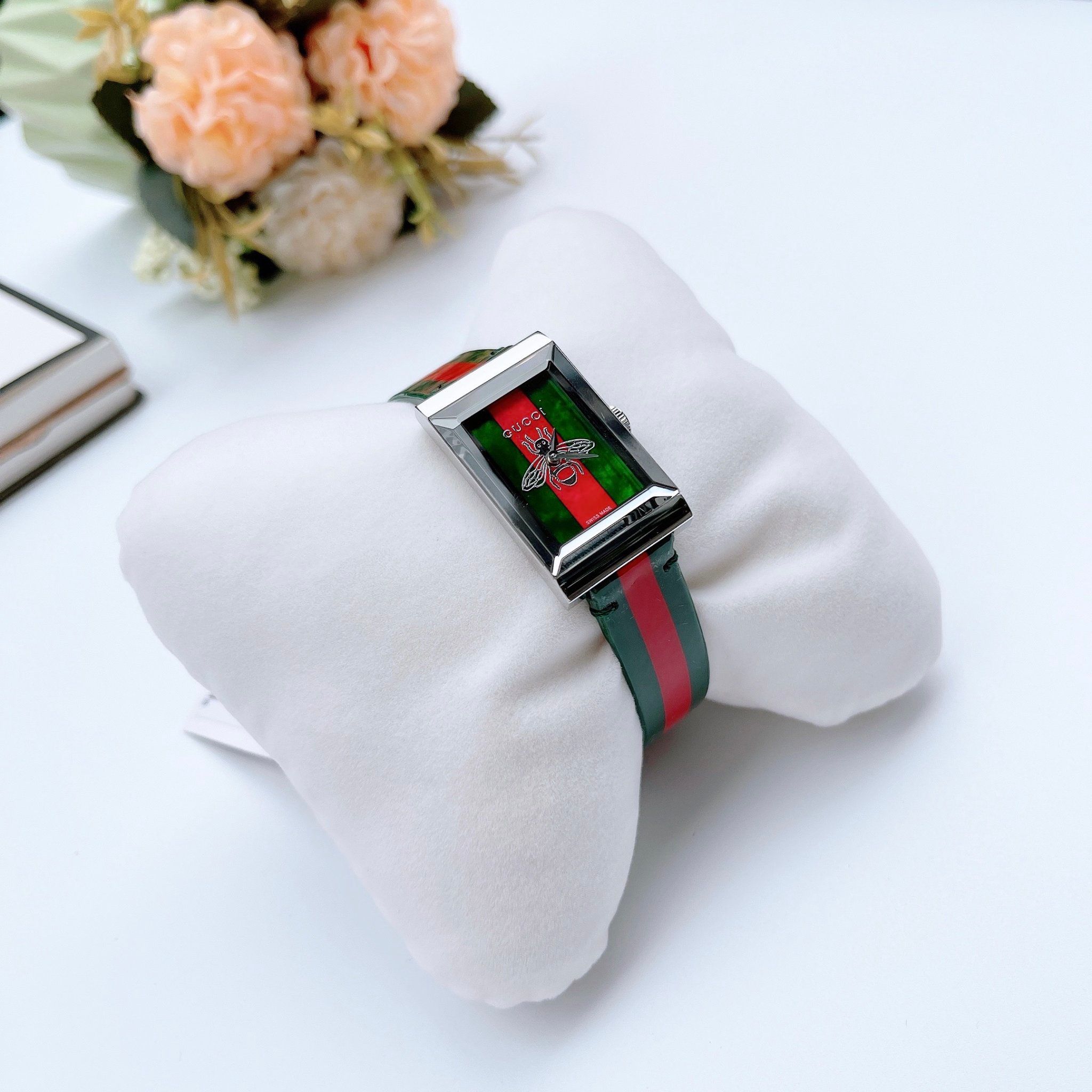 Gucci G Frame Quartz Green & Red Mother of Pearl Dial Multicolor Leather Strap Watch For Women - YA147408