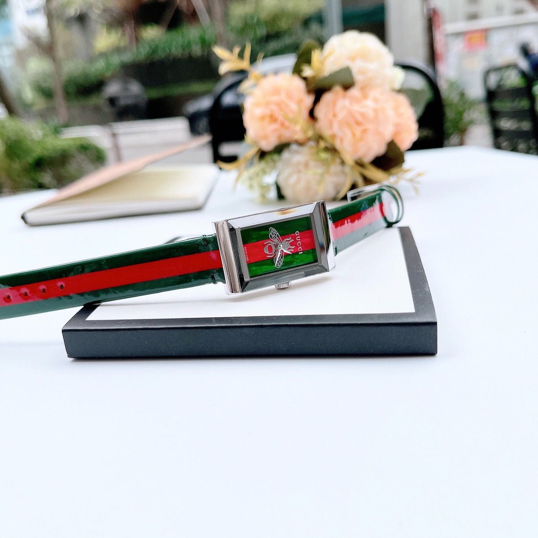 Gucci G Frame Quartz Green & Red Mother of Pearl Dial Multicolor Leather Strap Watch For Women - YA147408