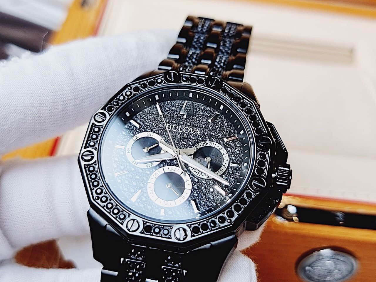 Bulova Octova Chronograph Black Crystal Dial Black Steel Strap Watch for Men - 98C134