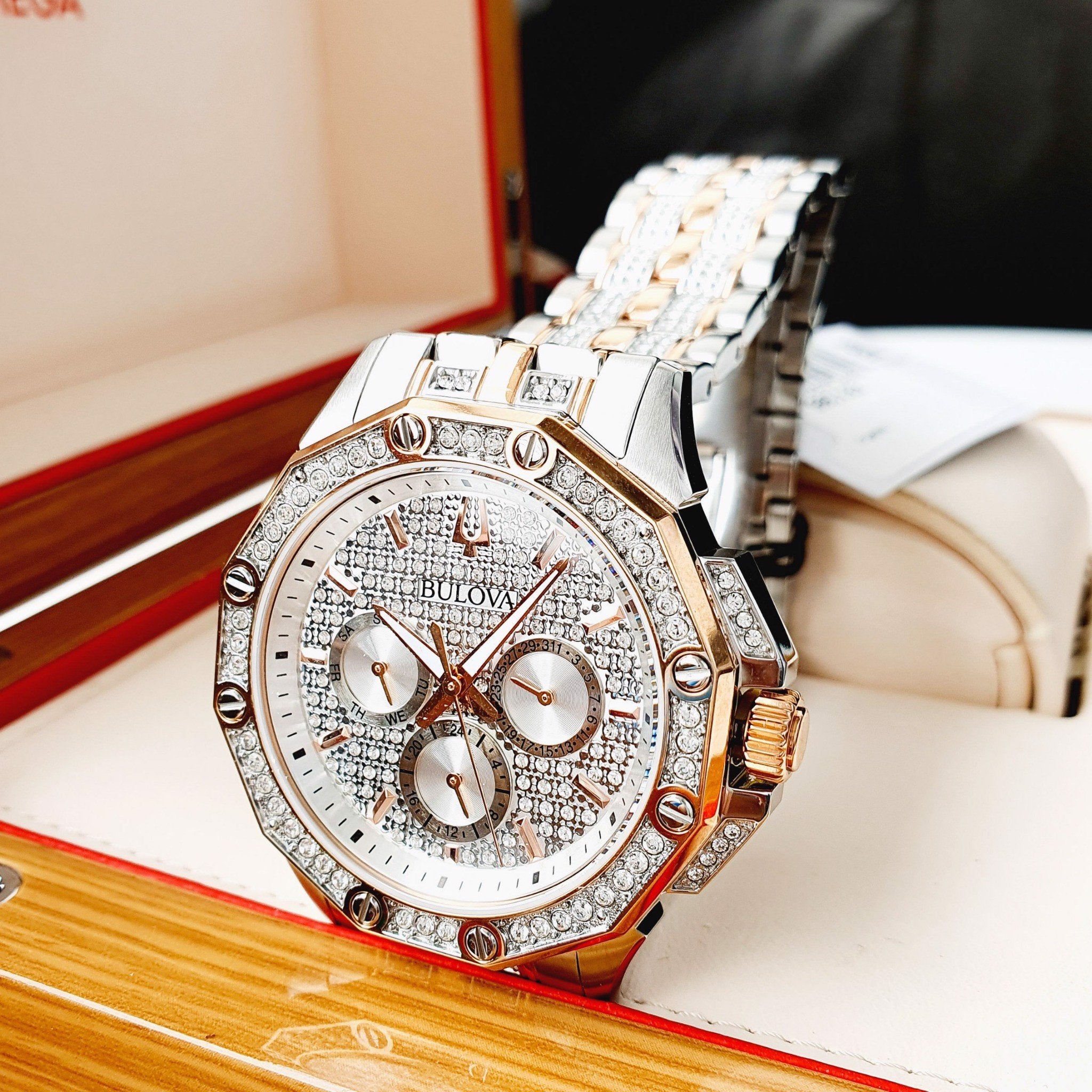 Bulova Octova Crystal Silver Dial Two Tone Steel Strap Watch for Men - 98C133