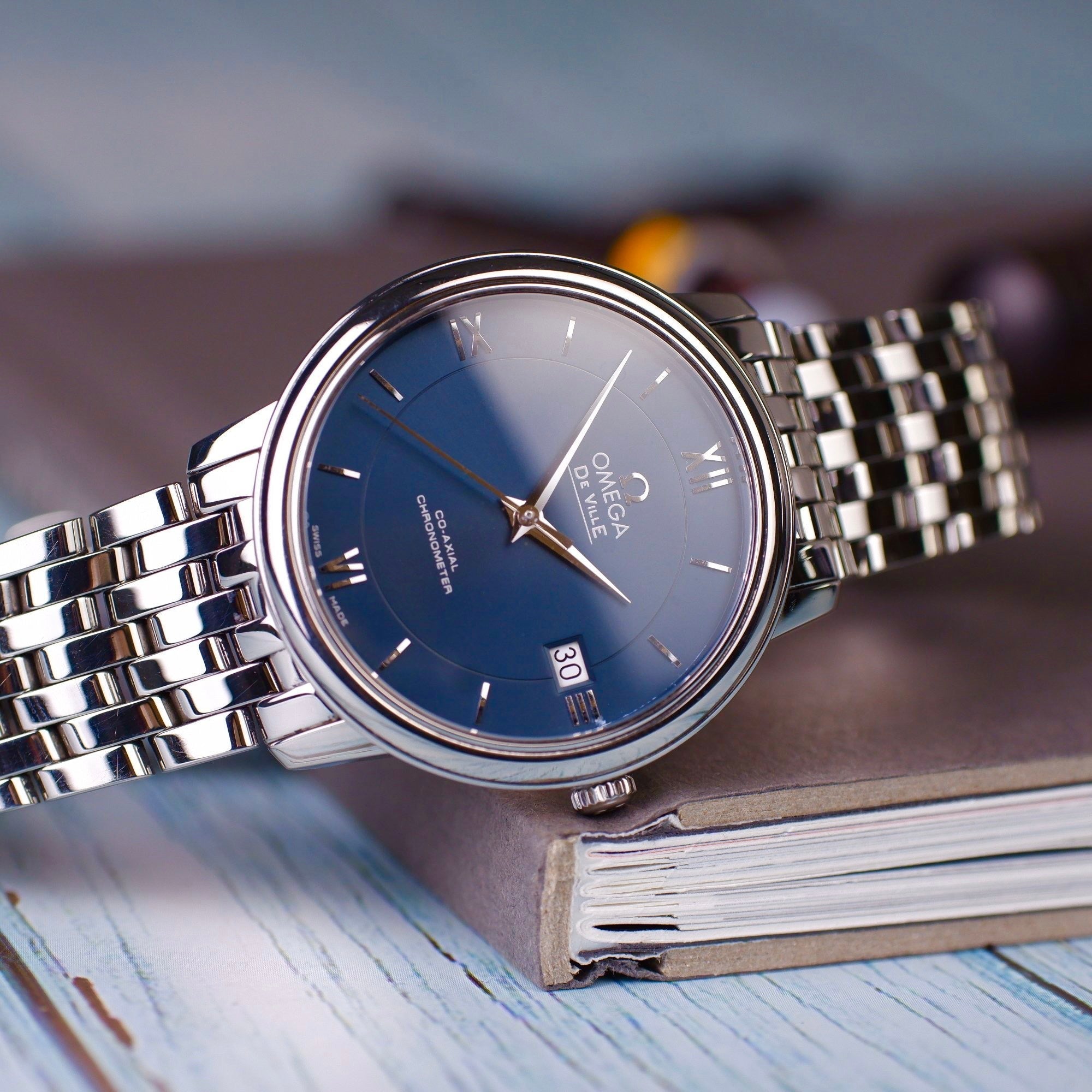 Omega De Ville Prestige Co-Axial Orbis Blue Dial Silver Steel Strap Watch for Men - 424.10.40.20.03.001