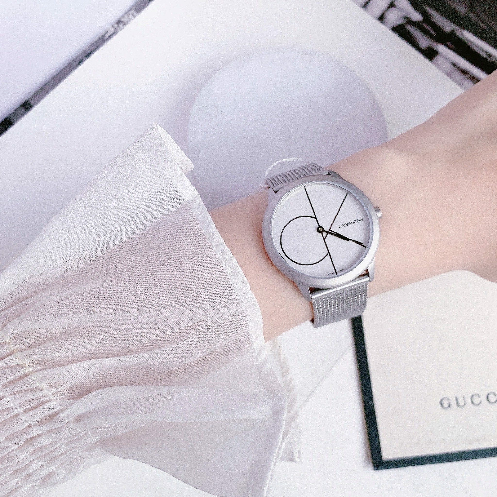 Calvin Klein Minimal White Dial Silver Mesh Bracelet Watch for Women - K3M5215X