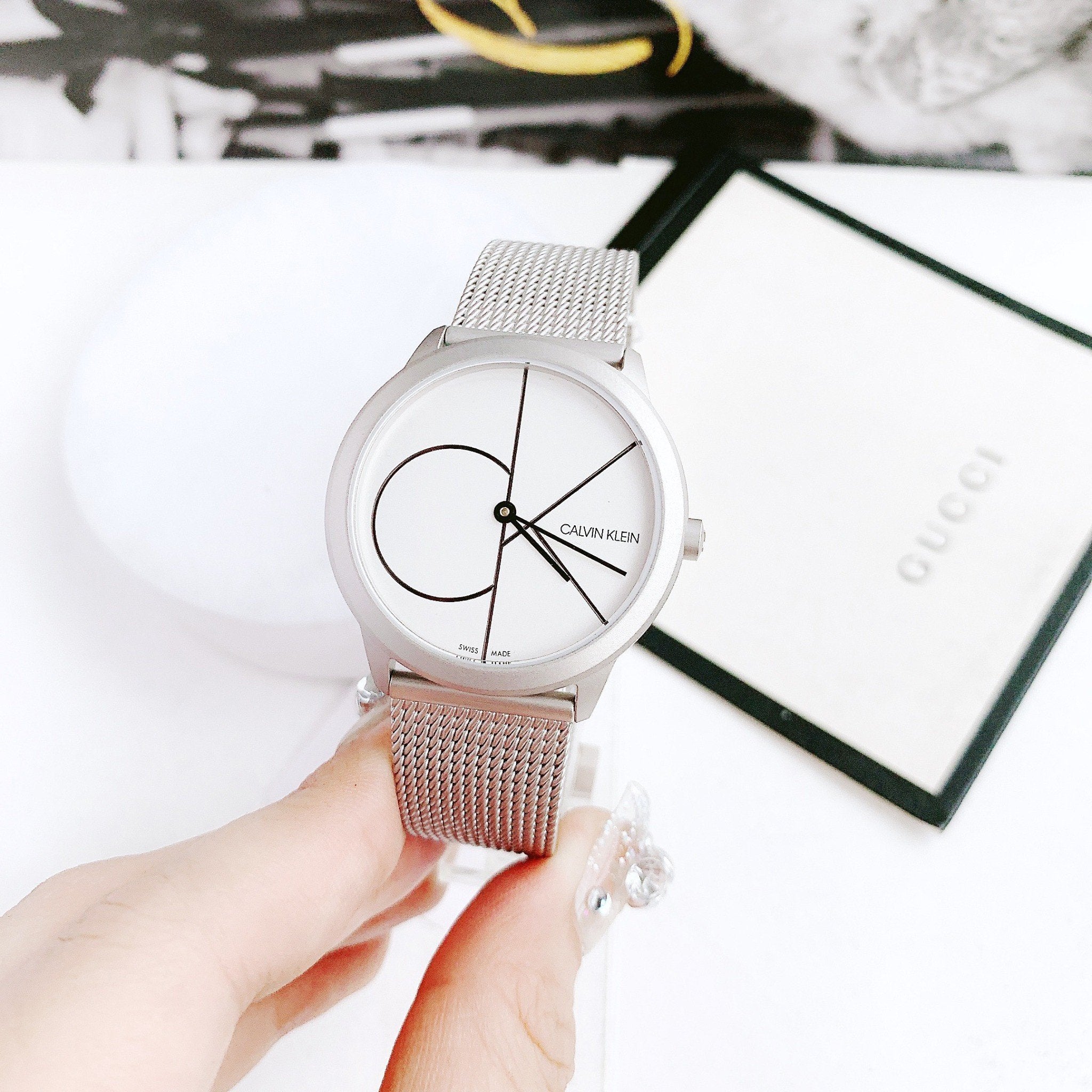Calvin Klein Minimal White Dial Silver Mesh Bracelet Watch for Women - K3M5215X