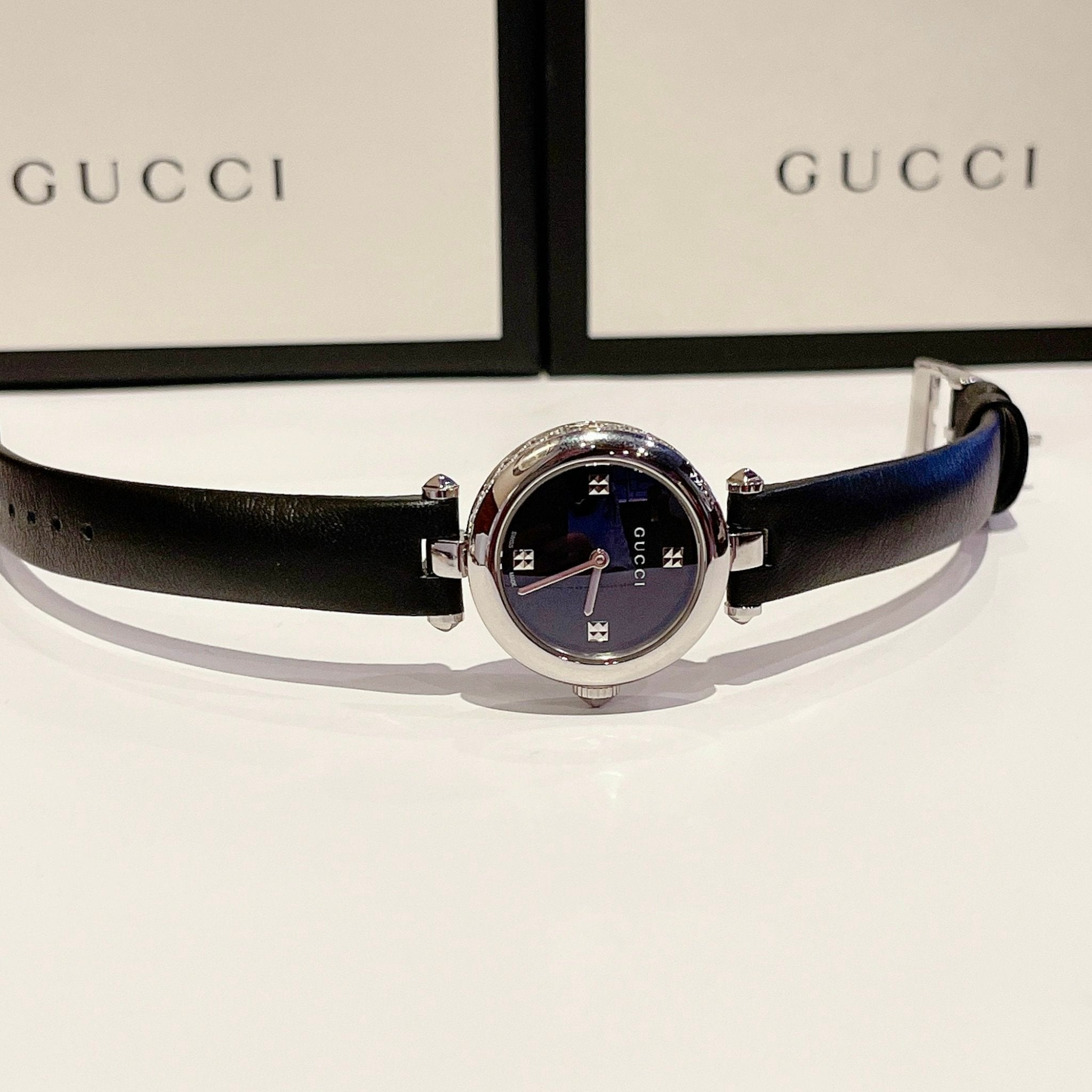 Gucci Diamantissima Quartz Diamonds Black Dial Black Leather Strap Watch for Women - YA141506