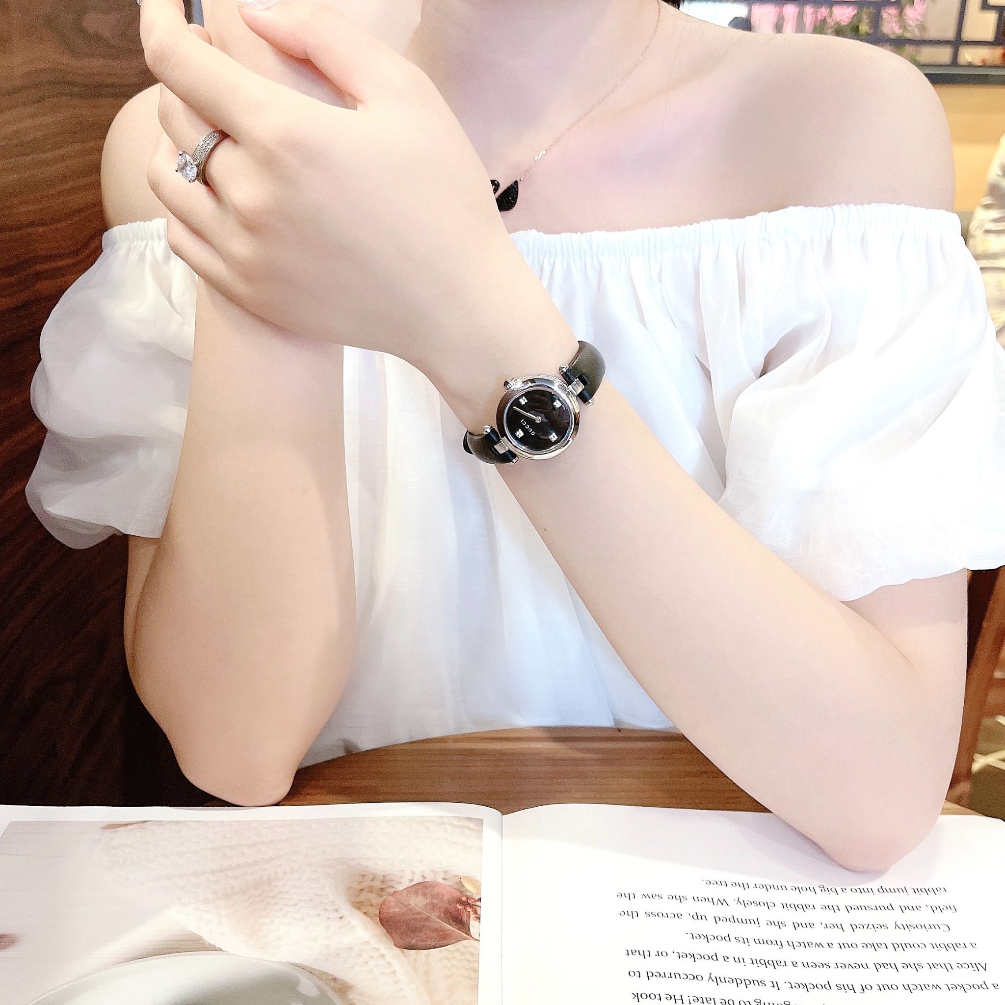 Gucci Diamantissima Quartz Diamonds Black Dial Black Leather Strap Watch for Women - YA141506