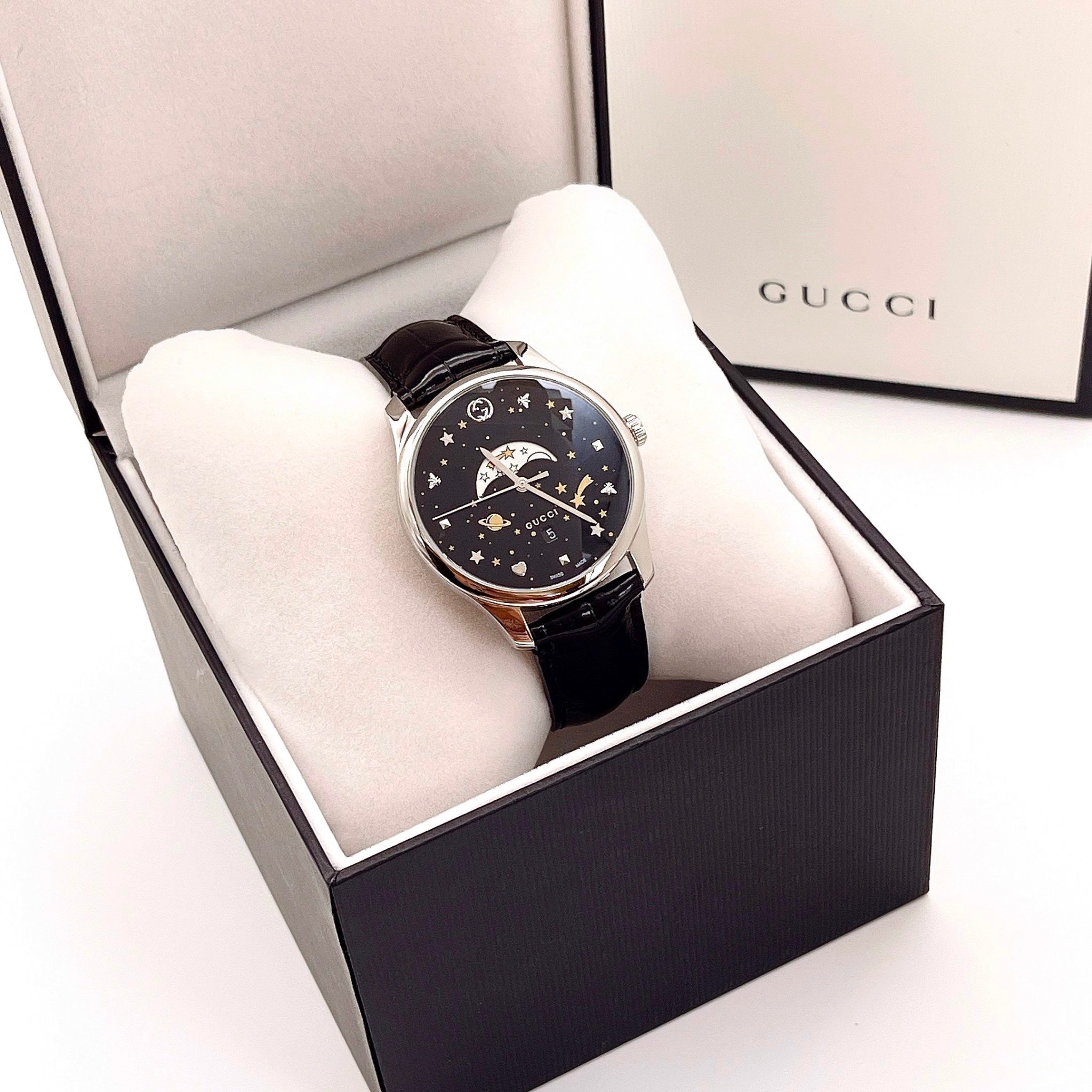 Gucci G-Timeless Moonphase Black Dial Black Leather Strap Watch For Men - YA126327