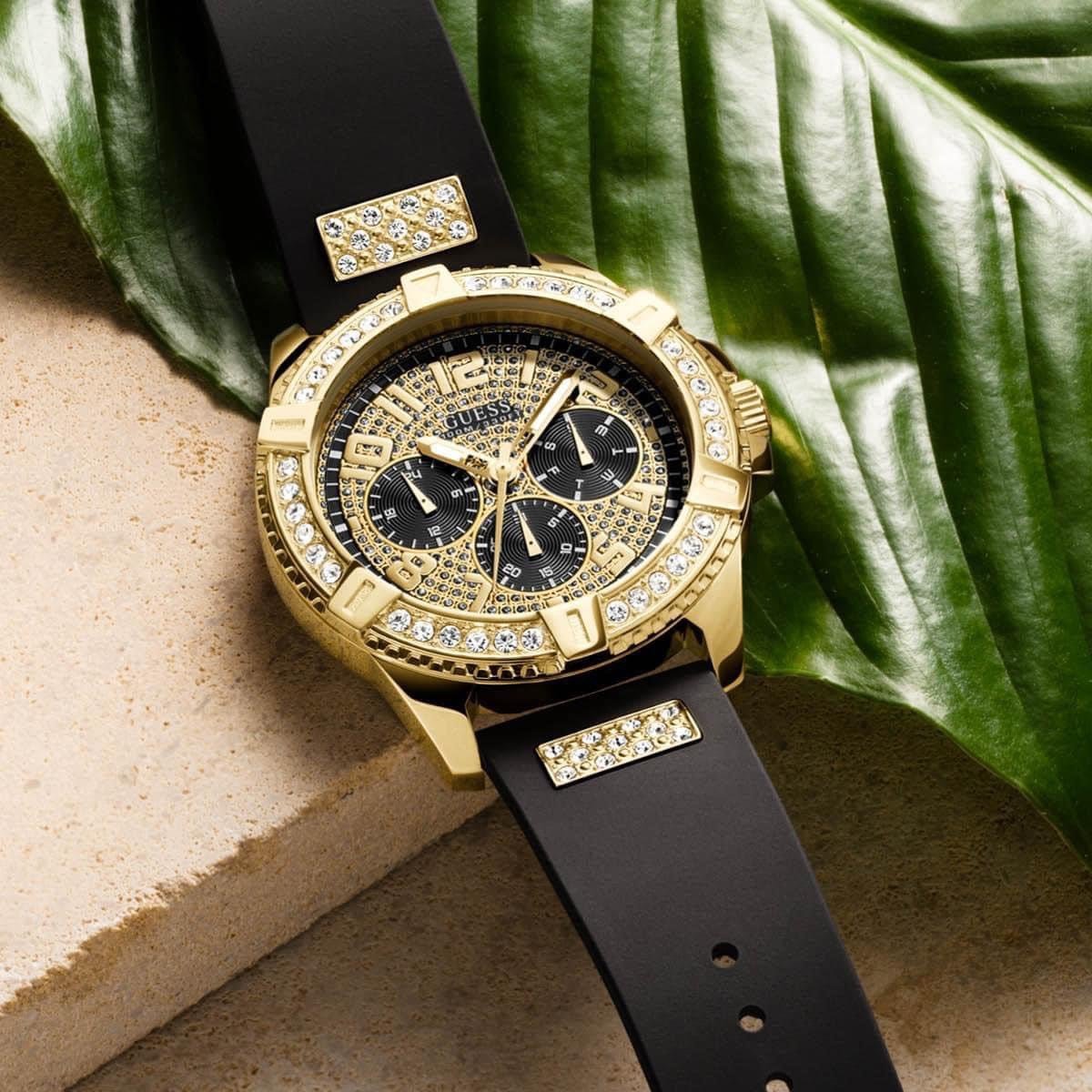 Guess Frontier Crystals Black Dial Black Silicone Strap Watch For Men - W1132G1