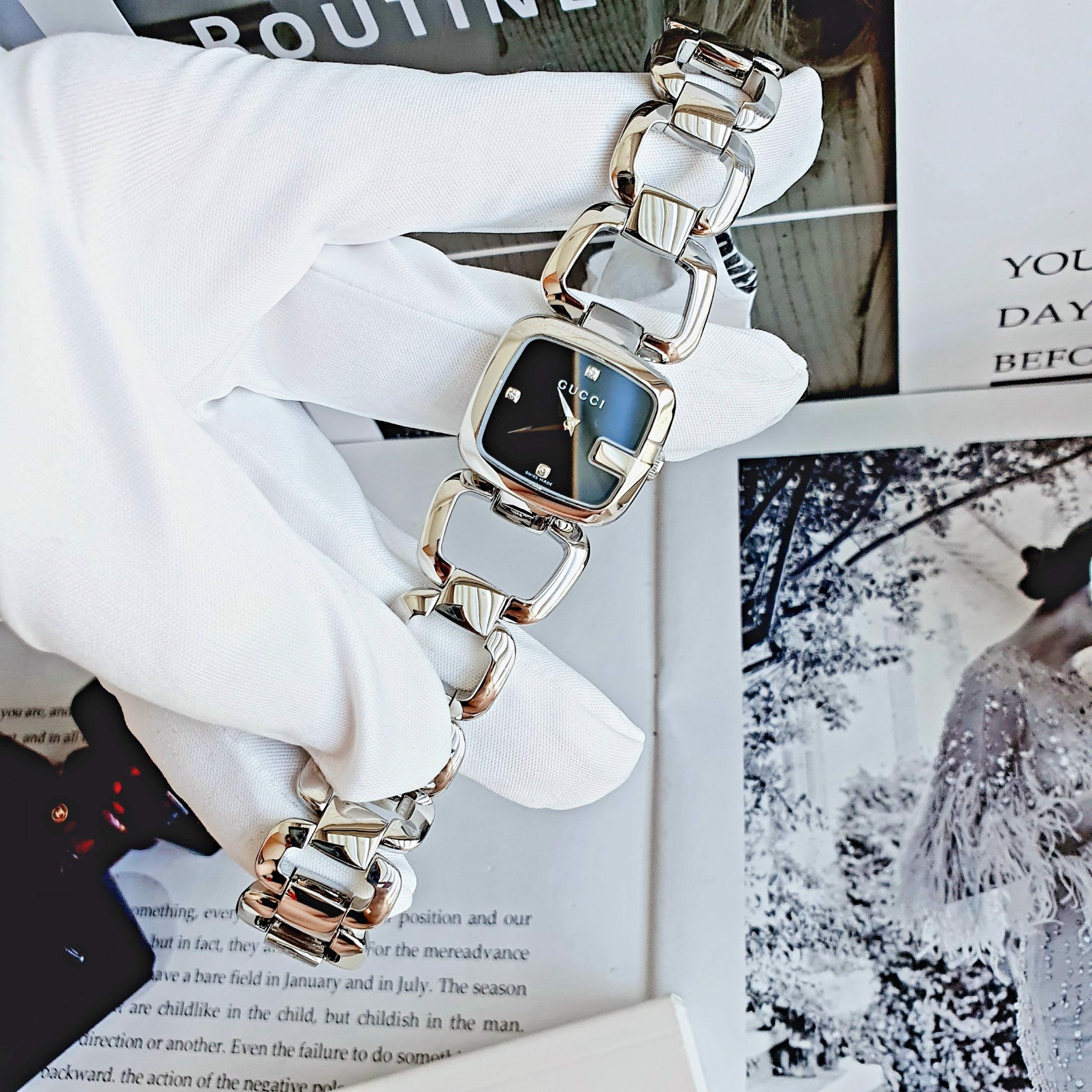 Gucci G Diamonds Black Dial Silver Steel Strap Watch For Women - YA125509