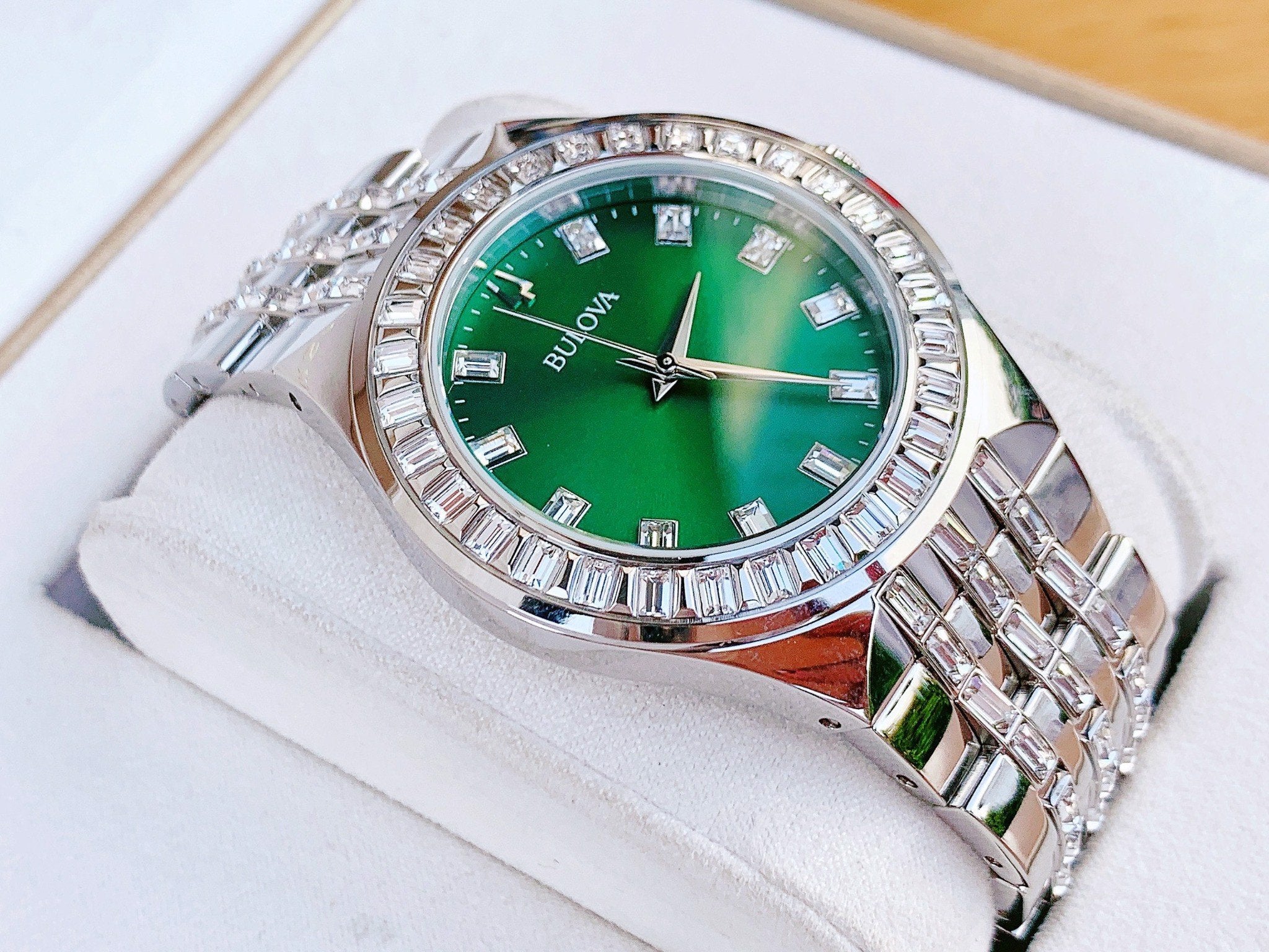 Bulova Phantom Classic Baguette Green Dial Silver Steel Strap Watch for Men - 96A253