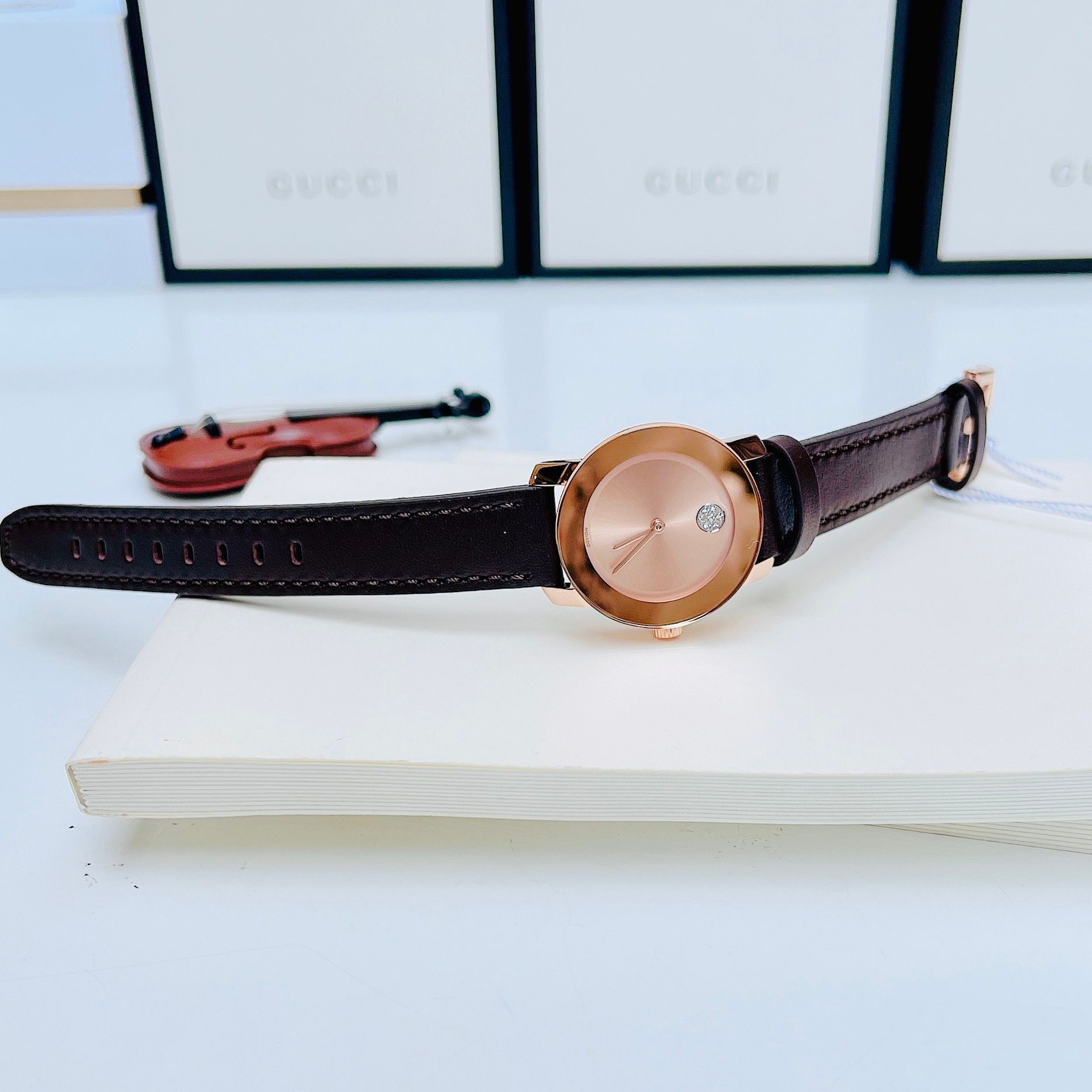 Movado Bold Rose Gold Dial Brown Leather Strap Watch For Women - 3600438