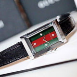 Gucci G-Frame Mother of Pearl Green & Red Dial Black Leather Strap Watch For Women - YA147403