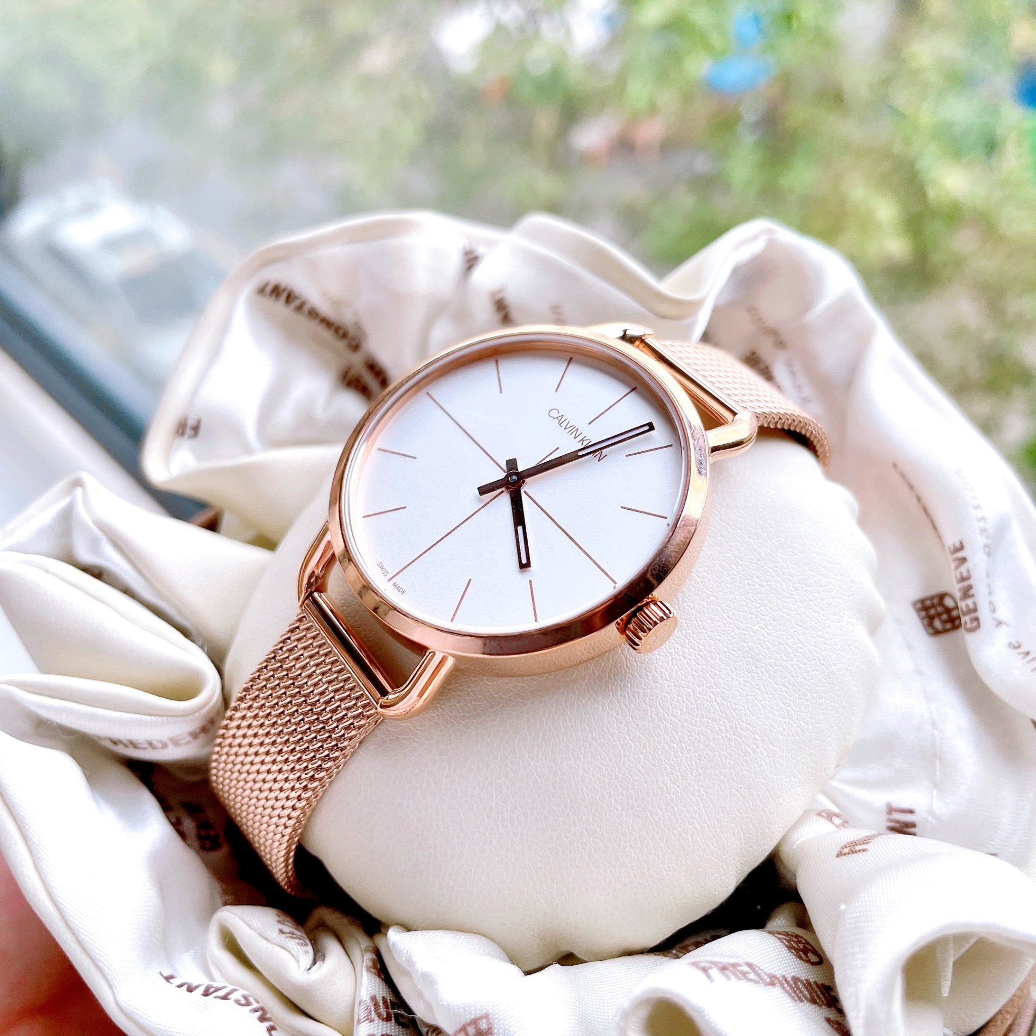 Calvin Klein Even White Dial Rose Gold Mesh Bracelet Watch for Women - K7B23626