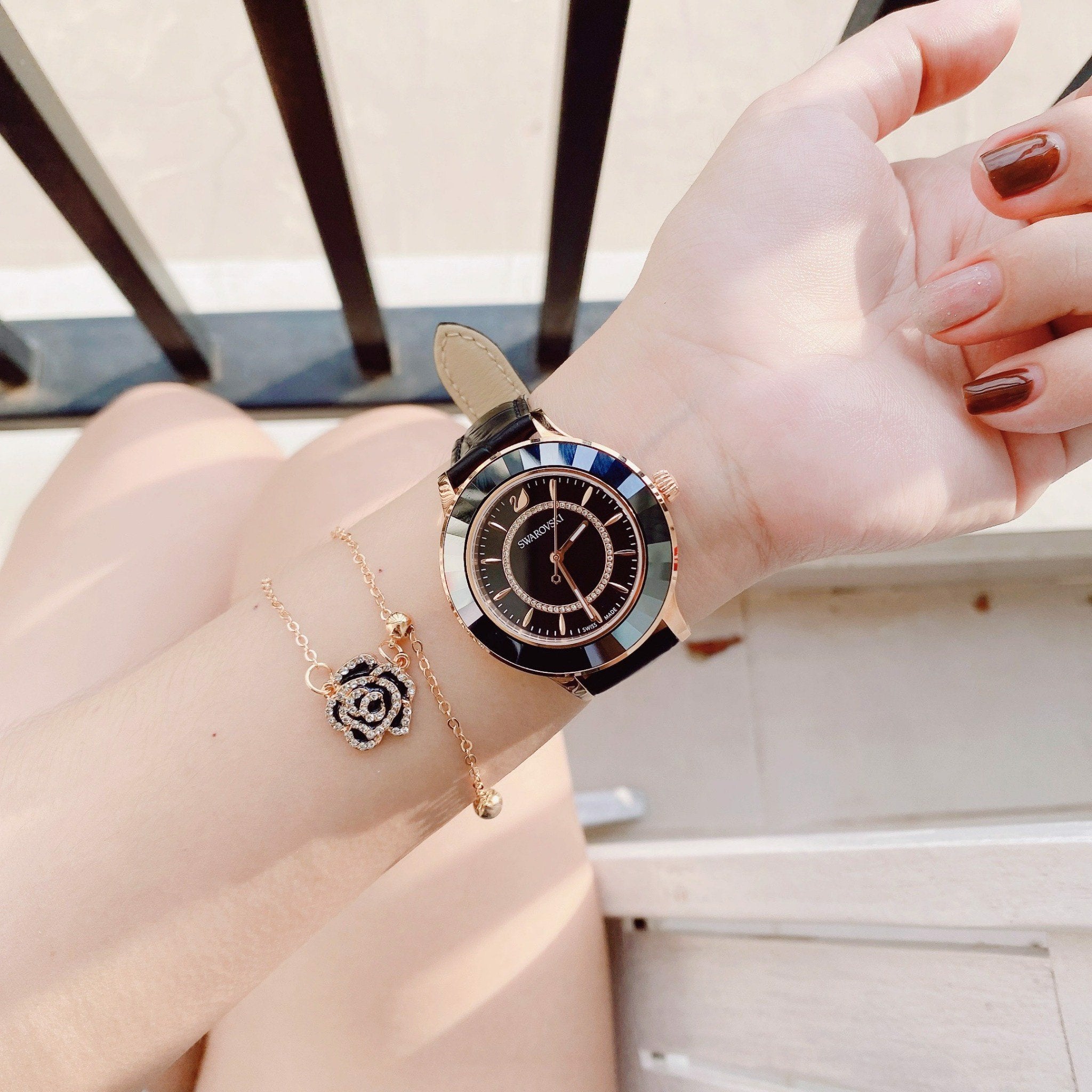 Swarovski Octea Lux Black Dial Black Leather Strap Watch for Women - 5414410