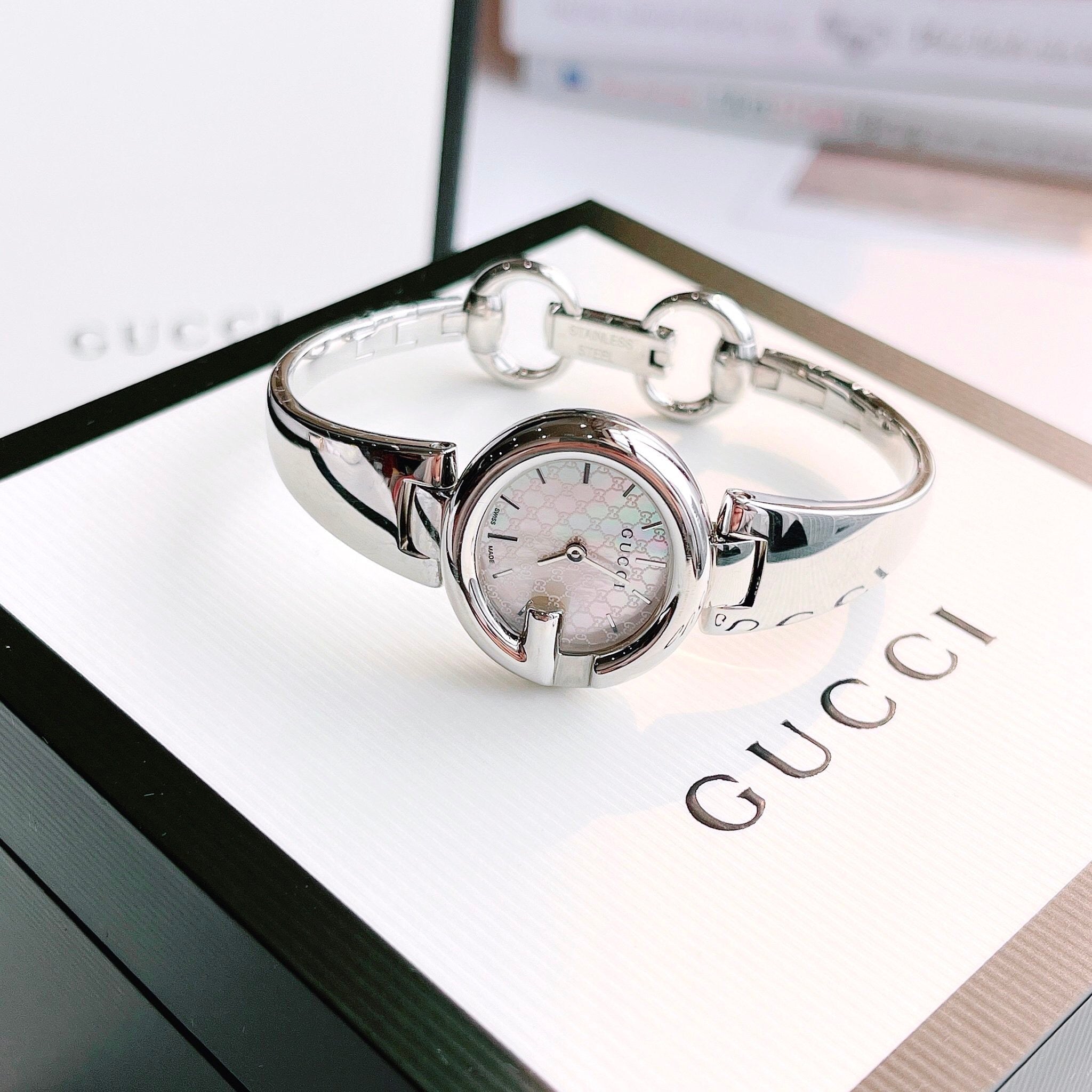 Gucci Guccissima Diamonds Mother of Pearl Dial Silver Steel Strap Watch For Women - YA134303