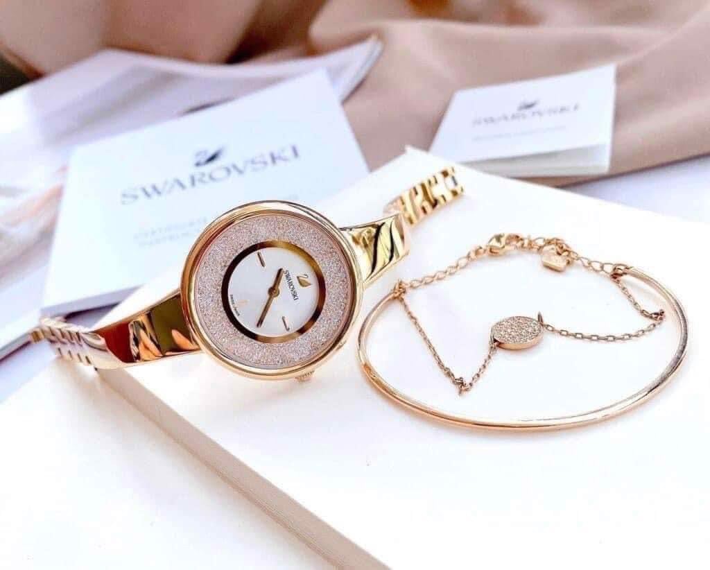 Swarovski Crystalline Bracelet White Dial Rose Gold Steel Strap Watch for Women - 5269250