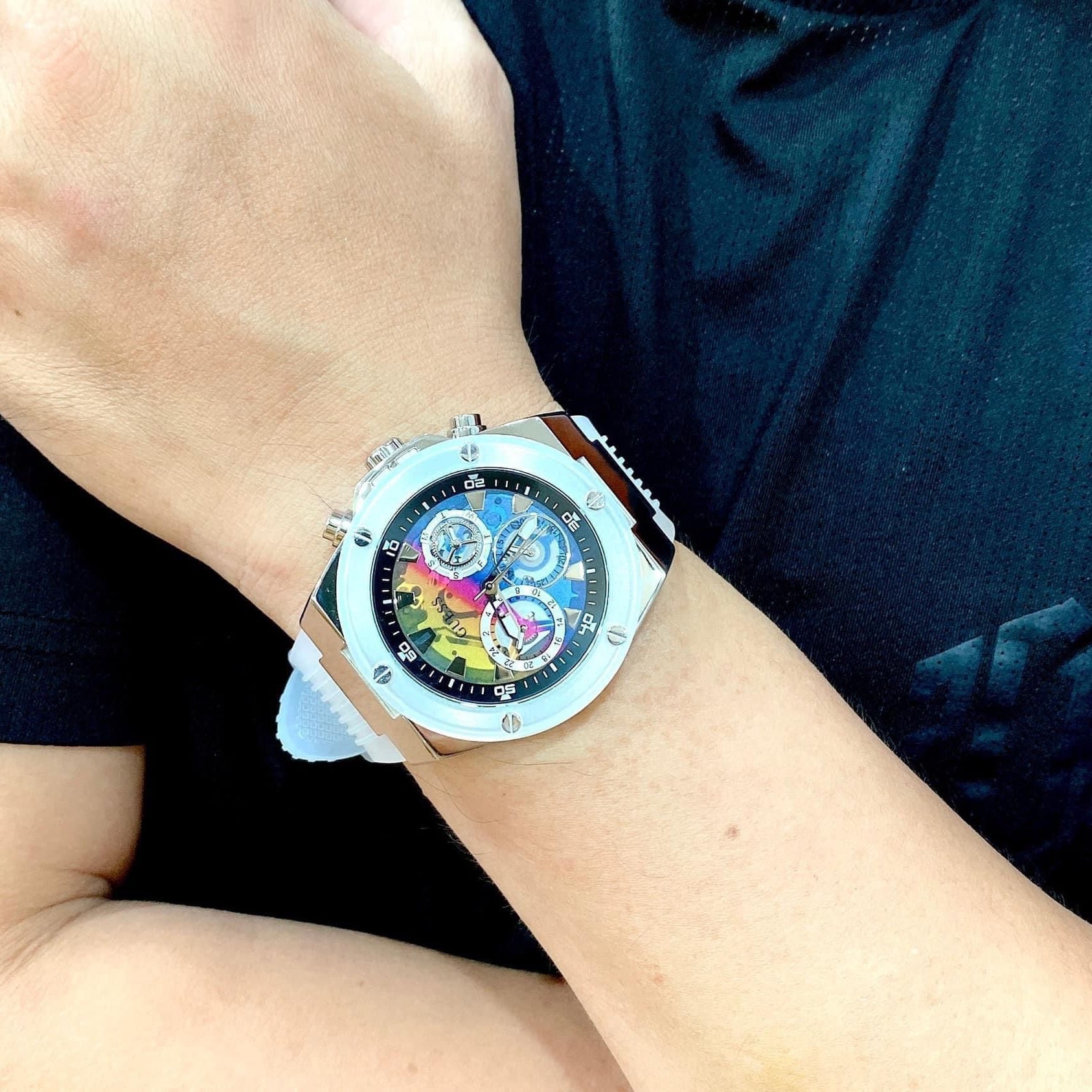 Guess Poseidon Chronograph Rainbow Dial White Silicone Strap Watch For Men - GW0425G4