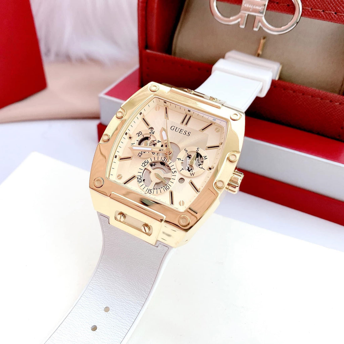 Guess Phoenix Multifunction Gold Dial White Leather Strap Watch for Men - GW0202G6