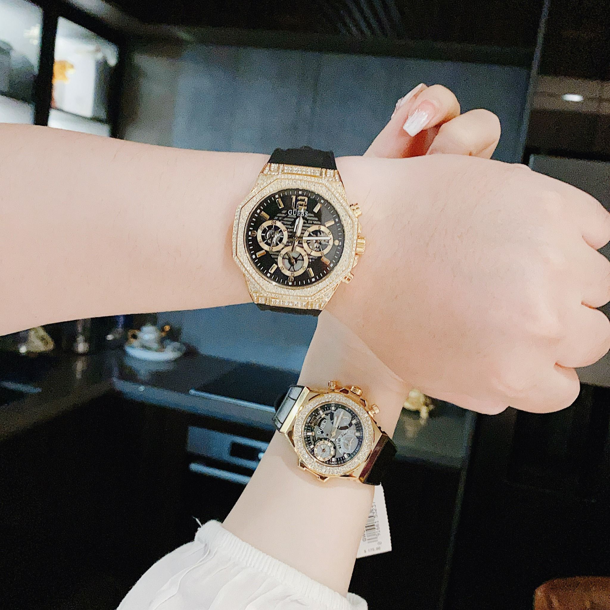 Guess Momentum Chronograph Diamonds Black Dial Black Silicone Strap Watch For Men - GW0518G2