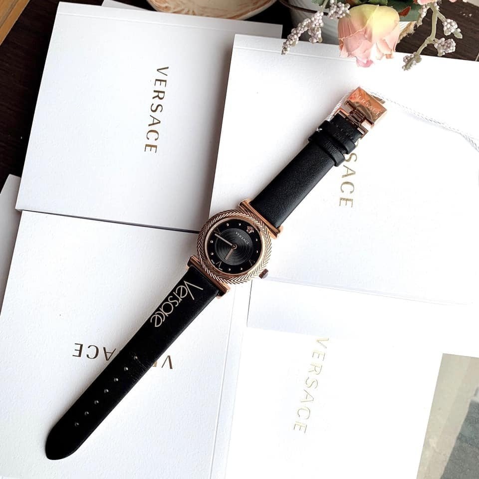 Versace V-Motif Vintage Logo Black Dial Black Leather Strap Watch for Women - VERE00818
