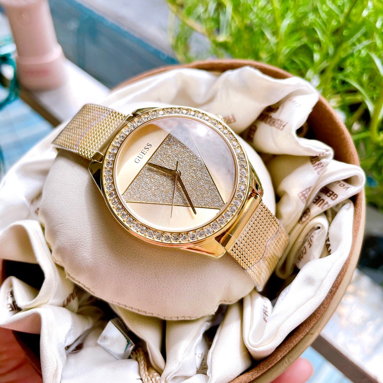 Guess Tri Glitz Quartz Diamonds Gold Dial Gold Mesh Bracelet Watch For Women - W1142L2