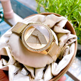Guess Tri Glitz Quartz Diamonds Gold Dial Gold Mesh Bracelet Watch For Women - W1142L2