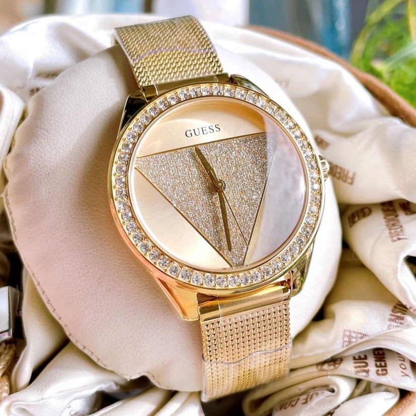 Guess Tri Glitz Quartz Diamonds Gold Dial Gold Mesh Bracelet Watch For Women - W1142L2