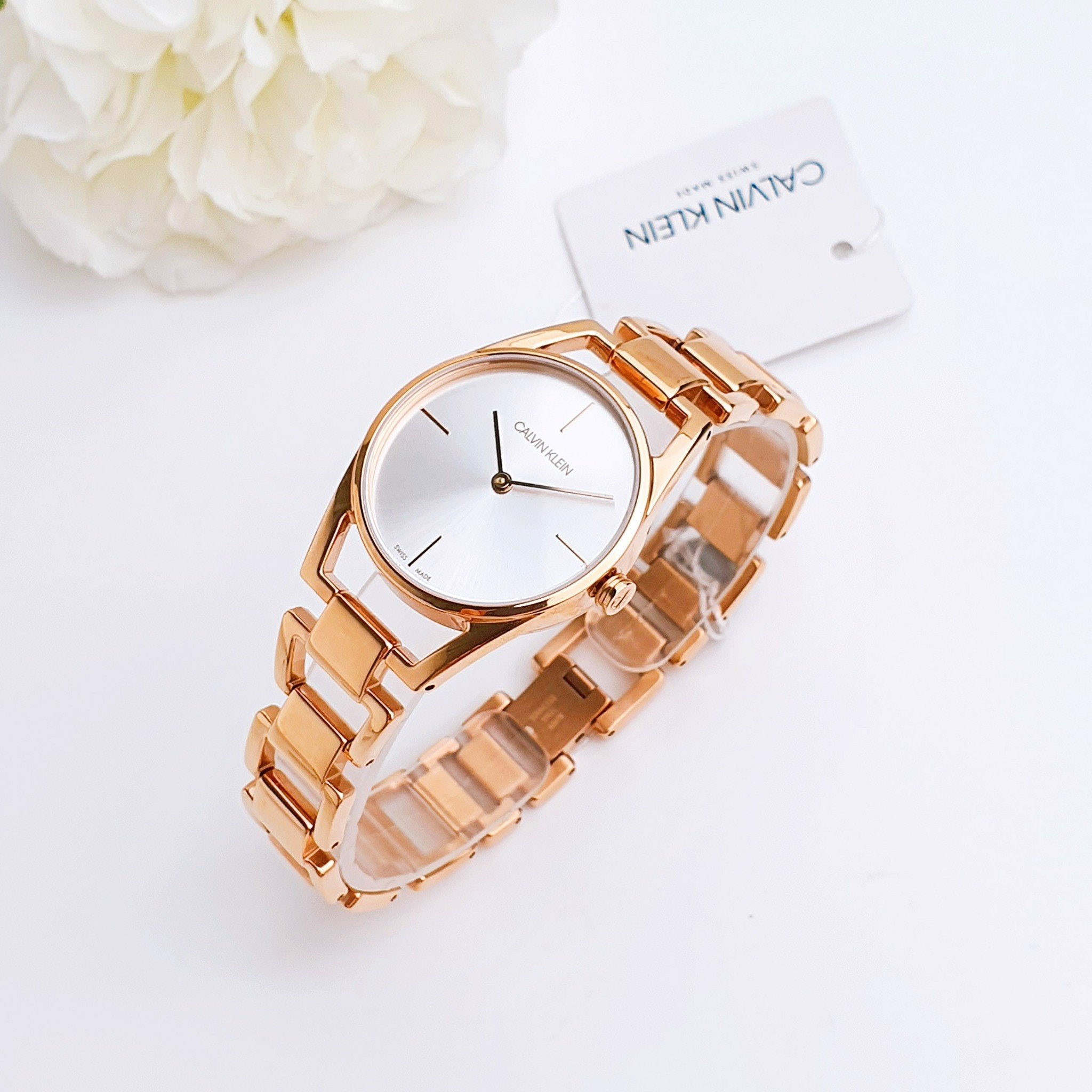 Calvin Klein Dainty White Dial Rose Gold Steel Strap Watch for Women - K7L23646