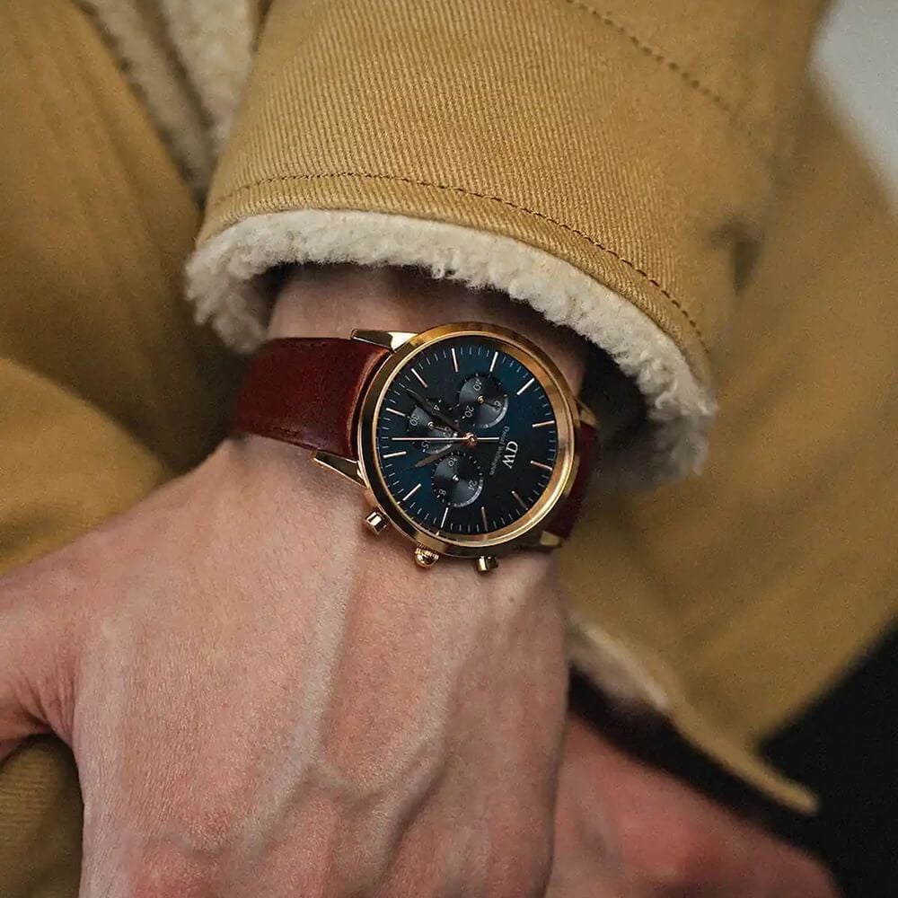 Daniel Wellington Iconic Chronograph Blue Dial Brown Leather Strap Watch For Men - DW00100639