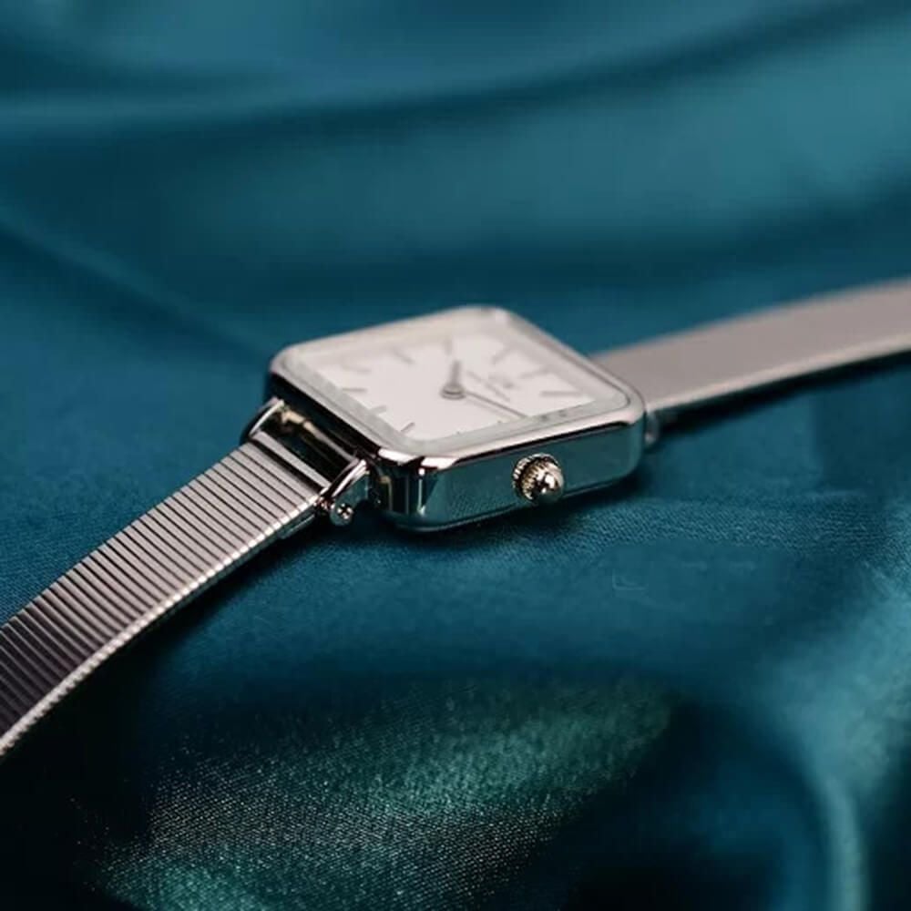 Daniel Wellington Quadro Studio White Dial Silver Mesh Bracelet Watch For Women - DW00100521