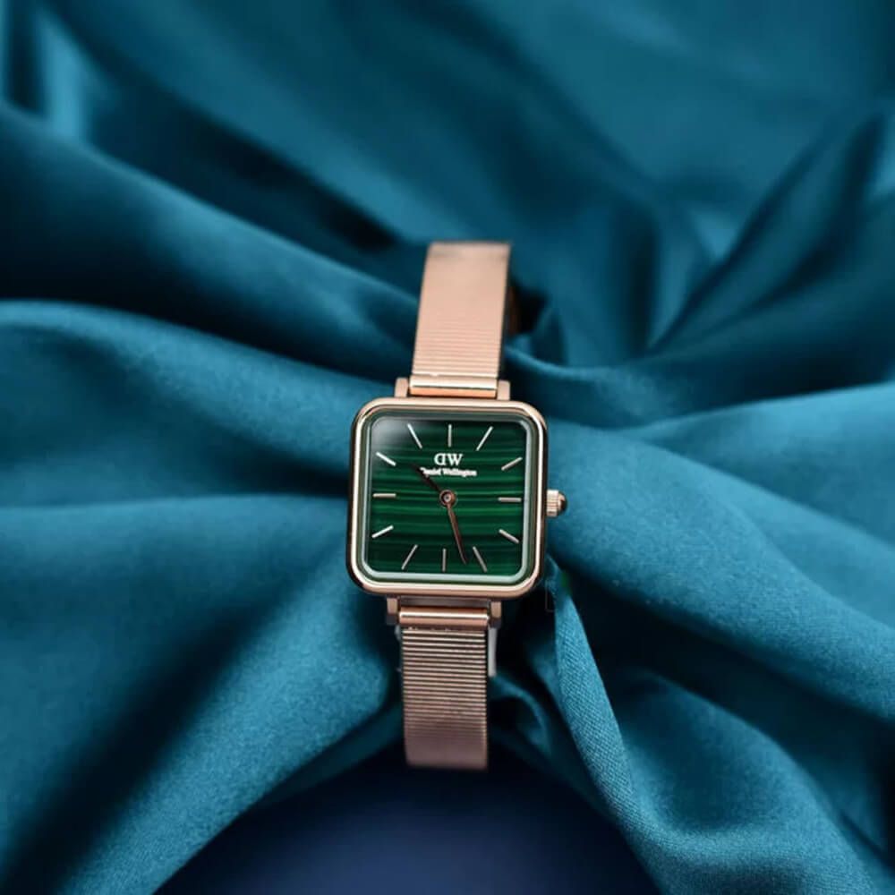Daniel Wellington Quadro Studio Green Dial Rose Gold Mesh Strap Watch For Women - DW00100520