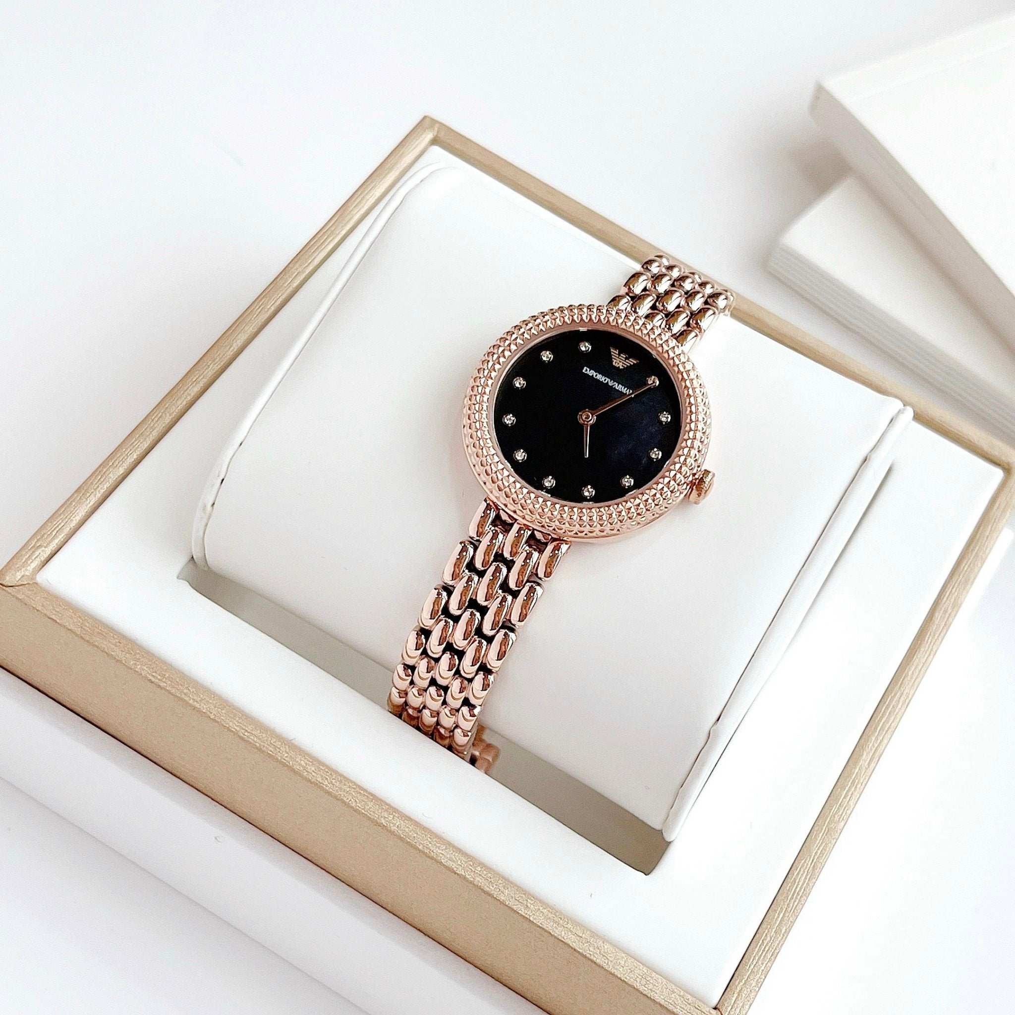 Emporio Armani Rosa Quartz Mother of Pearl Black Dial Rose Gold Steel Strap Watch For Women - AR11372