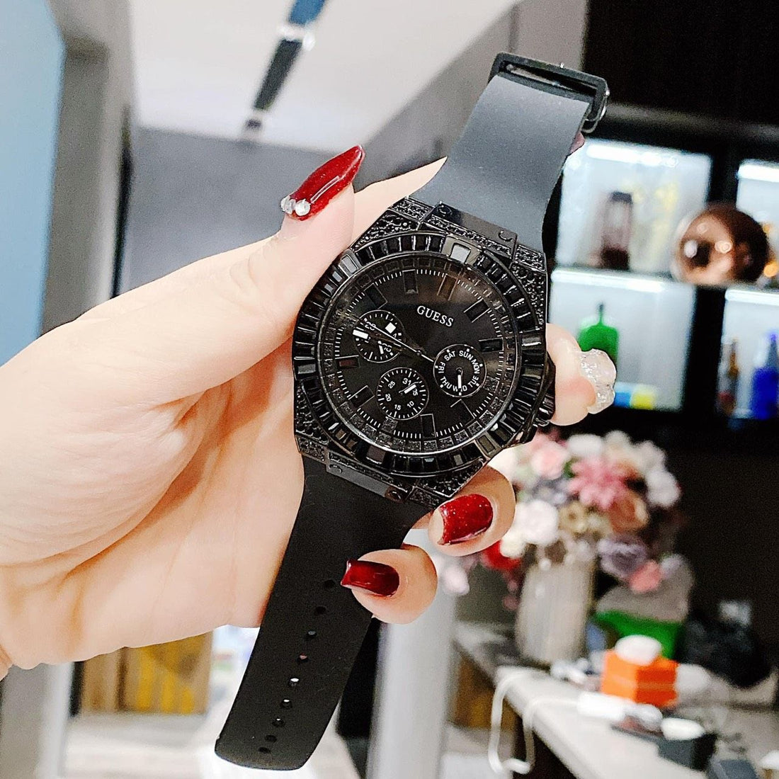 Guess Zeus Multifunction Crystals Black Dial Black Silicone Strap Watch For Men - GW0208G5