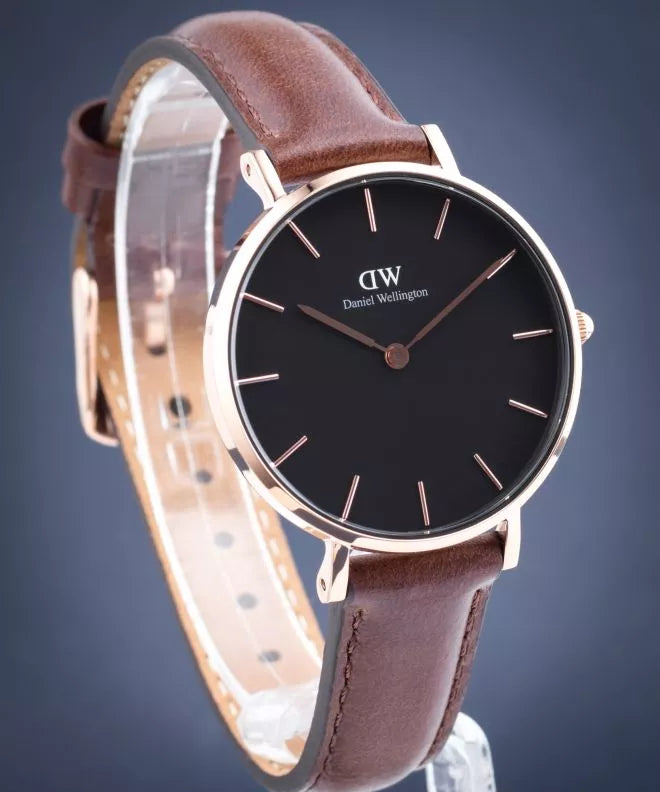 Daniel Wellington Classic Petite Bristol Black Dial Brown Leather Strap Watch For Women - DW00100165