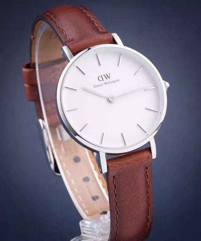 Daniel Wellington Petite White Dial Brown Leather Strap Watch For Women - DW00100243