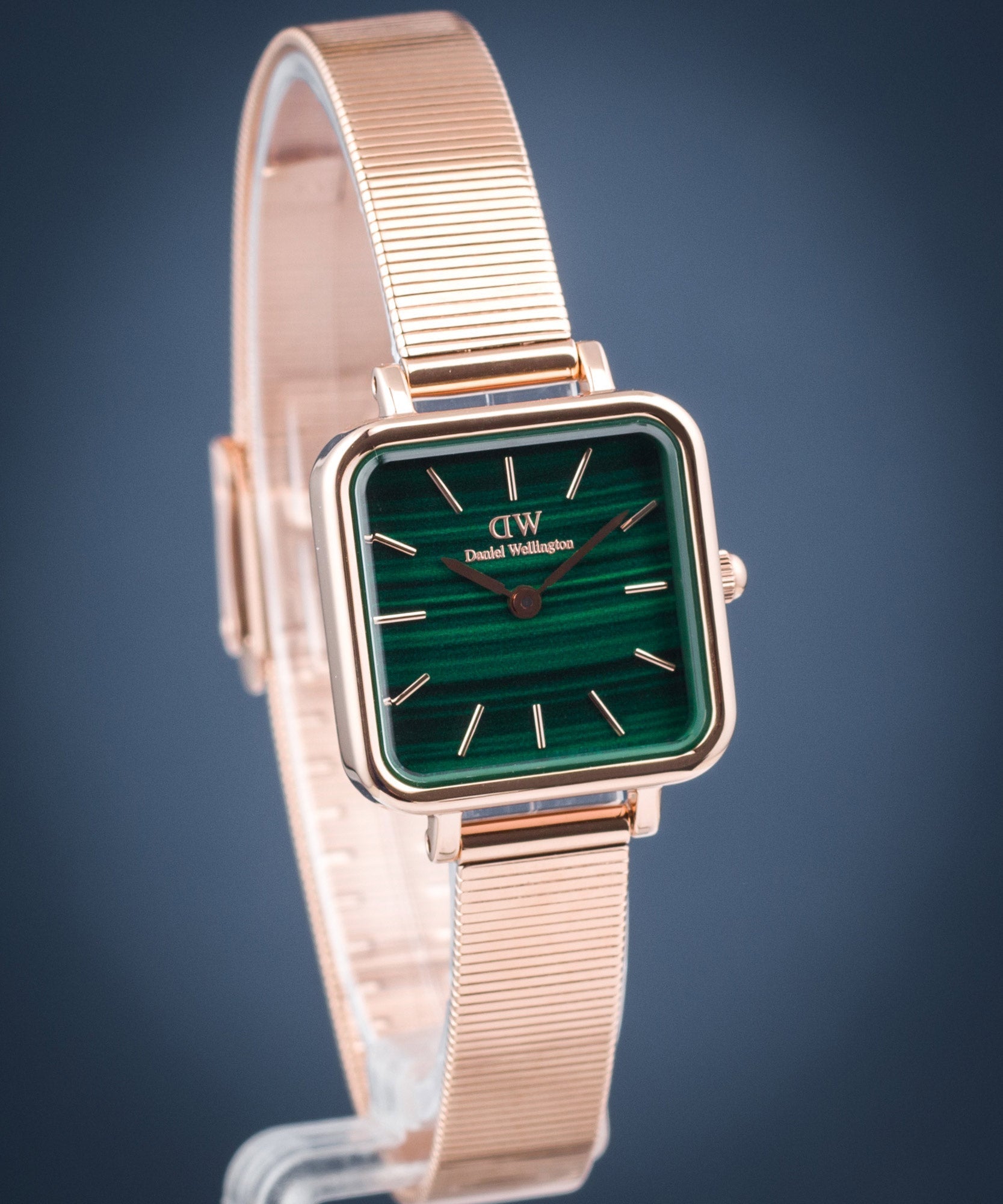Daniel Wellington Quadro Studio Green Dial Rose Gold Mesh Strap Watch For Women - DW00100520