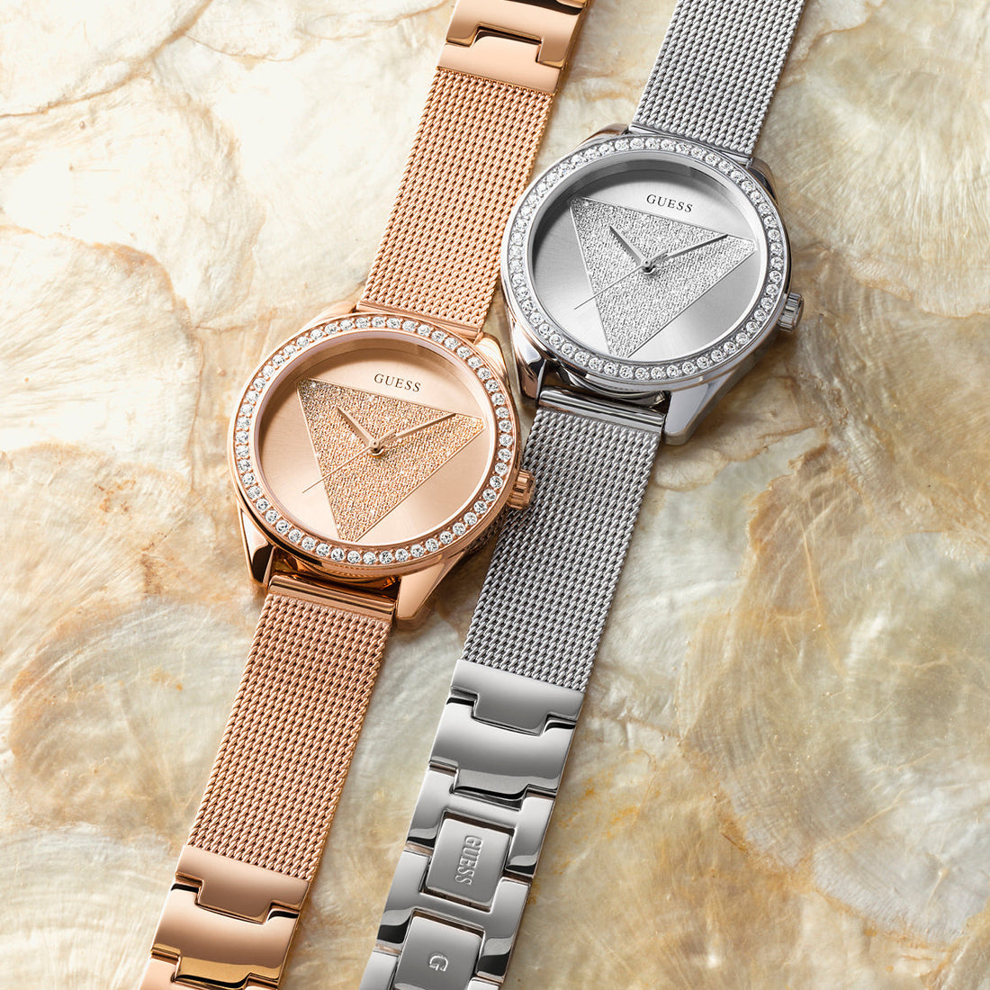 Guess Tri Glitz Quartz Diamonds Rose Gold Dial Rose Gold Mesh Bracelet Watch For Women - W1142L4