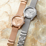 Guess Tri Glitz Quartz Diamonds Rose Gold Dial Rose Gold Mesh Bracelet Watch For Women - W1142L4