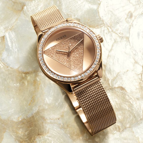 Guess Tri Glitz Quartz Diamonds Rose Gold Dial Rose Gold Mesh Bracelet Watch For Women - W1142L4