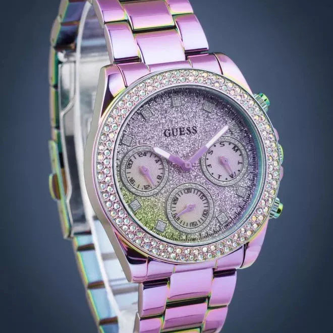 Guess Confetti Chronograph Crystals Multicolor Dial Purple Steel Strap Watch For Women - GW0483L5